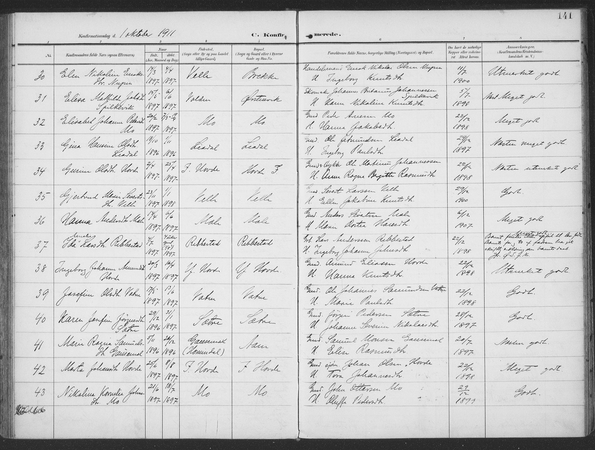 Ministerialprotokoller, klokkerbøker og fødselsregistre - Møre og Romsdal, SAT/A-1454/513/L0178: Parish register (official) no. 513A05, 1906-1919, p. 141