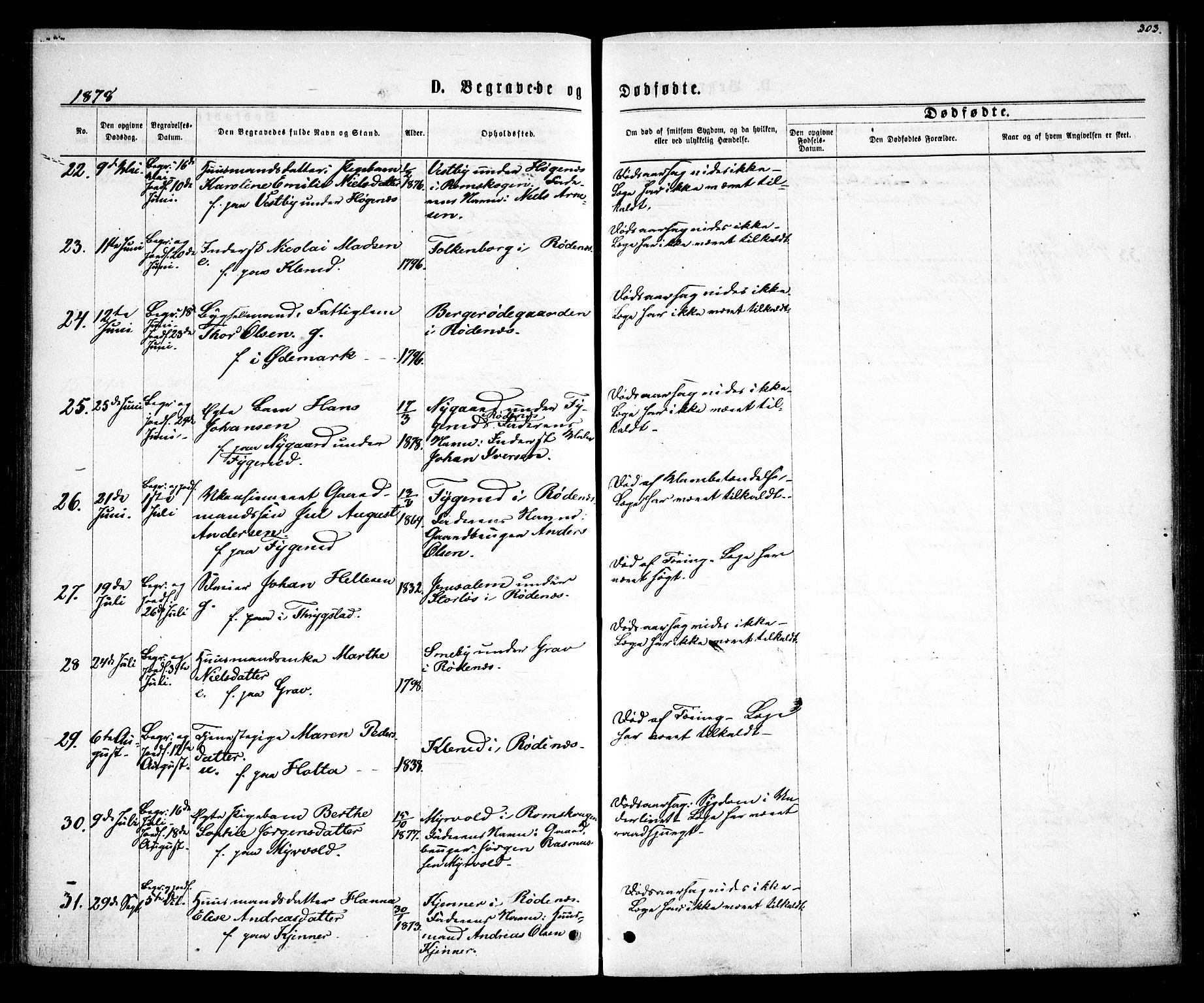 Rødenes prestekontor Kirkebøker, AV/SAO-A-2005/F/Fa/L0008: Parish register (official) no. I 8, 1869-1879, p. 303