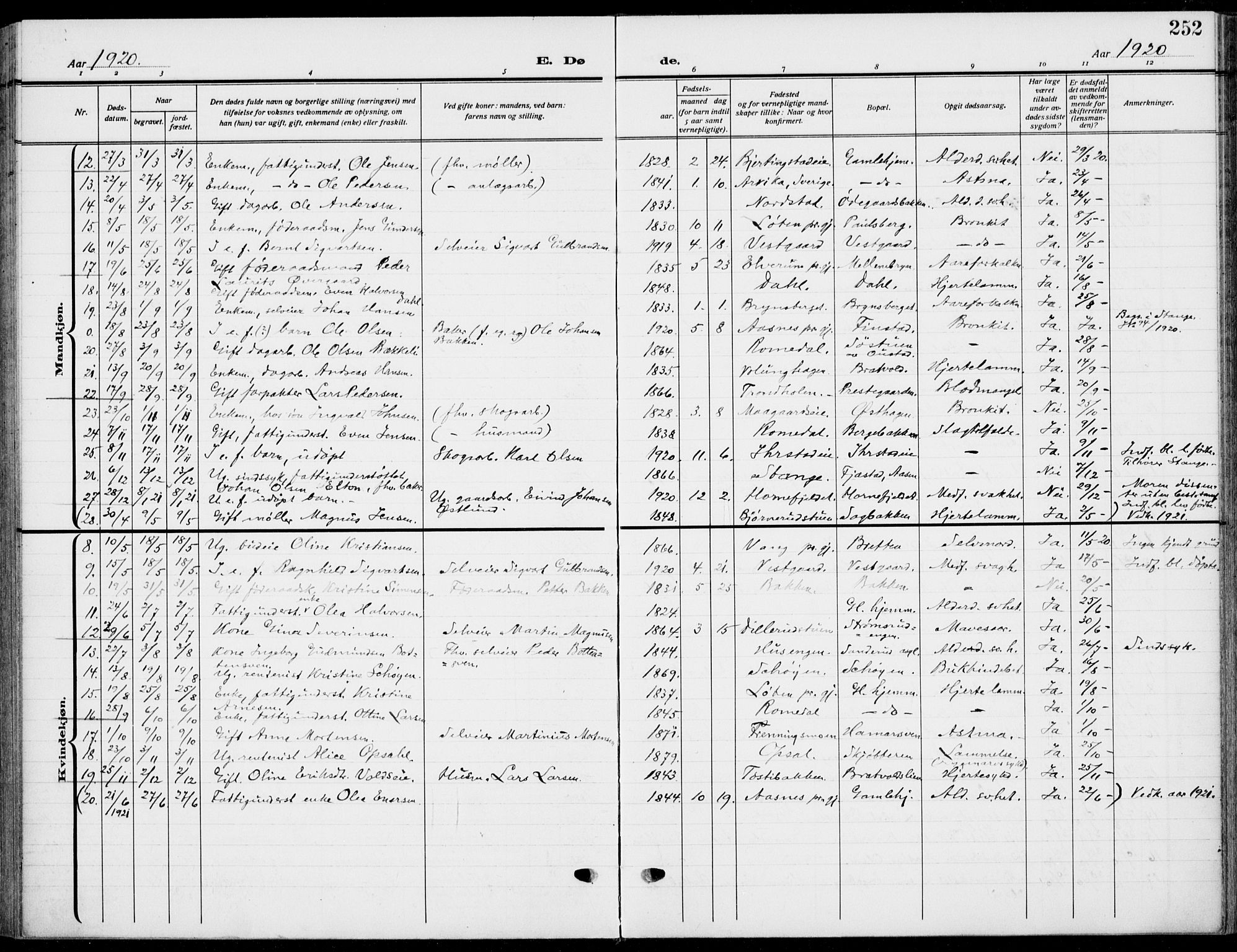 Romedal prestekontor, SAH/PREST-004/K/L0012: Parish register (official) no. 12, 1913-1935, p. 252