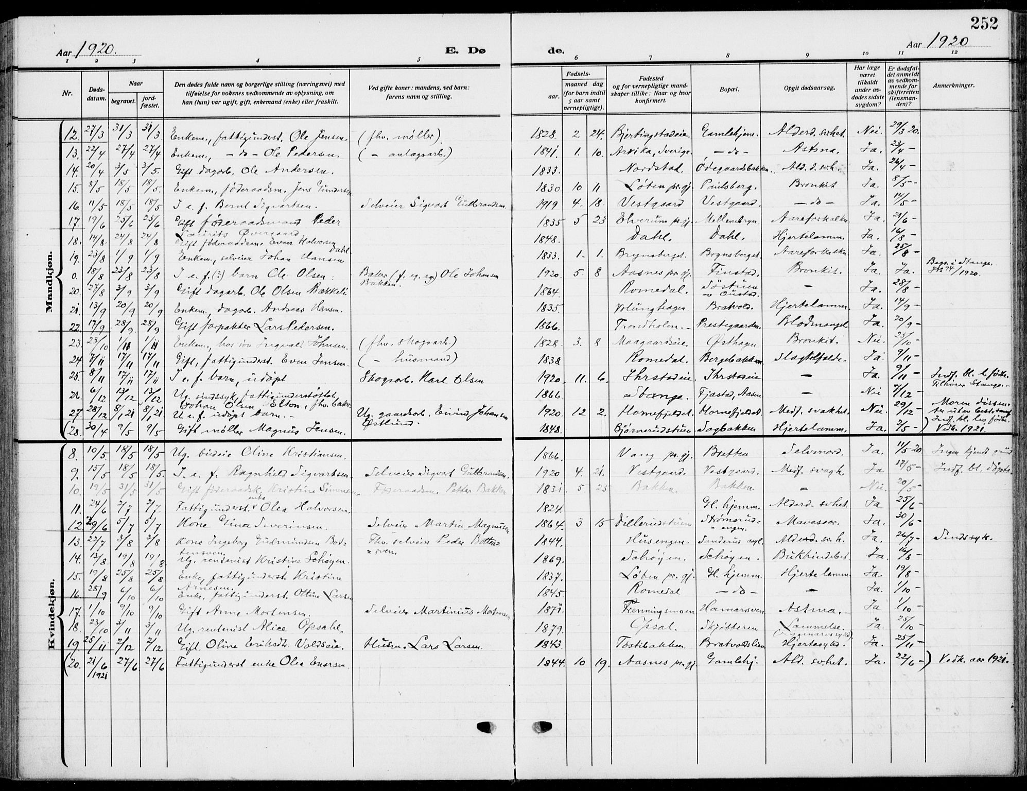 Romedal prestekontor, AV/SAH-PREST-004/K/L0012: Parish register (official) no. 12, 1913-1935, p. 252