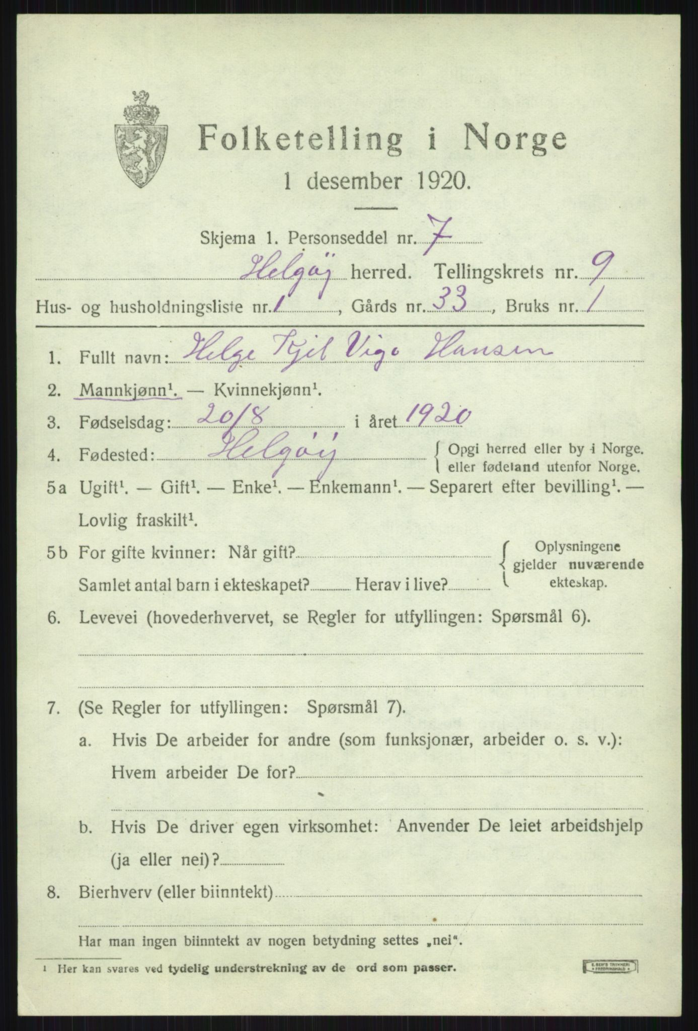 SATØ, 1920 census for Helgøy, 1920, p. 3221