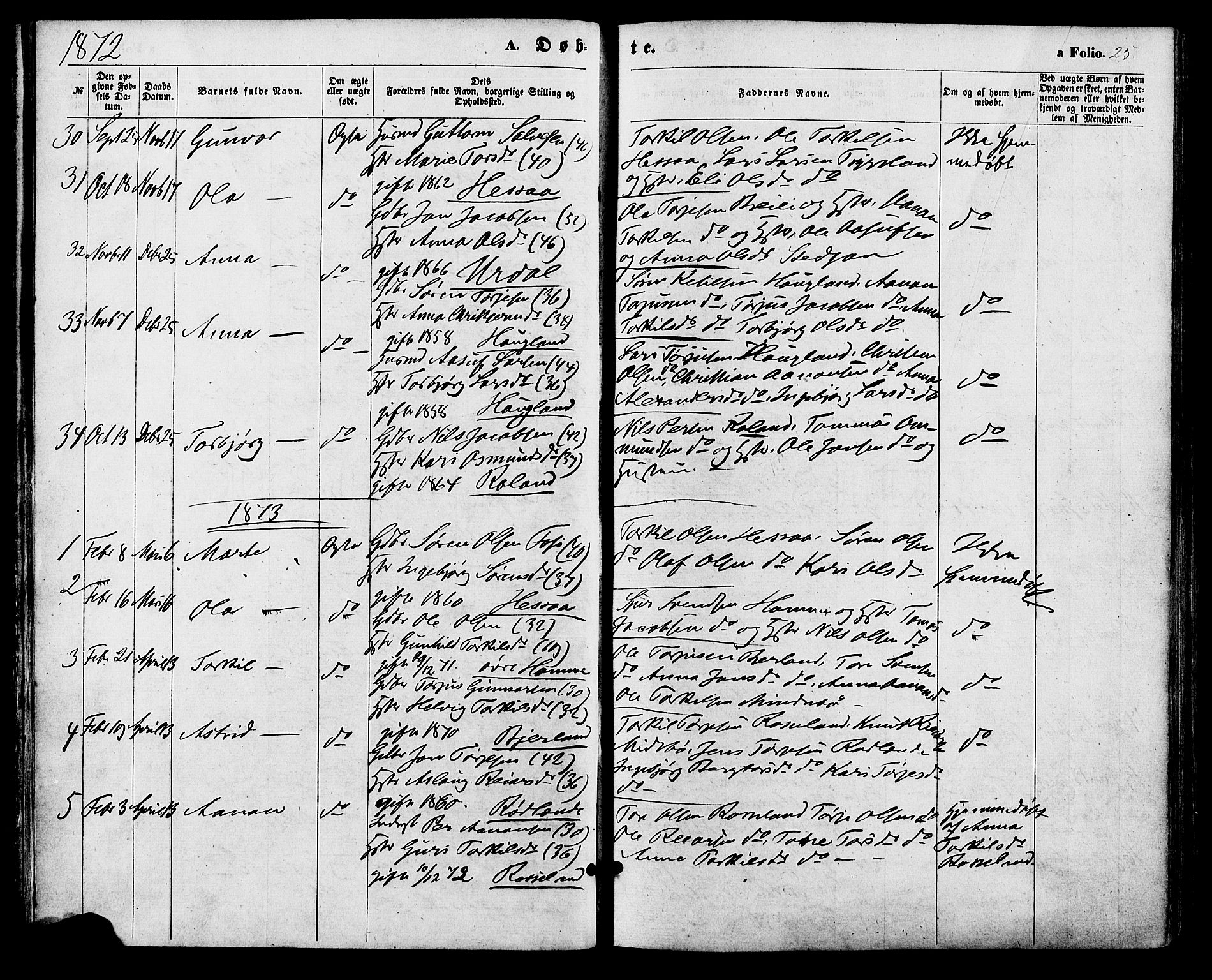 Bjelland sokneprestkontor, SAK/1111-0005/F/Fa/Faa/L0003: Parish register (official) no. A 3, 1867-1887, p. 25