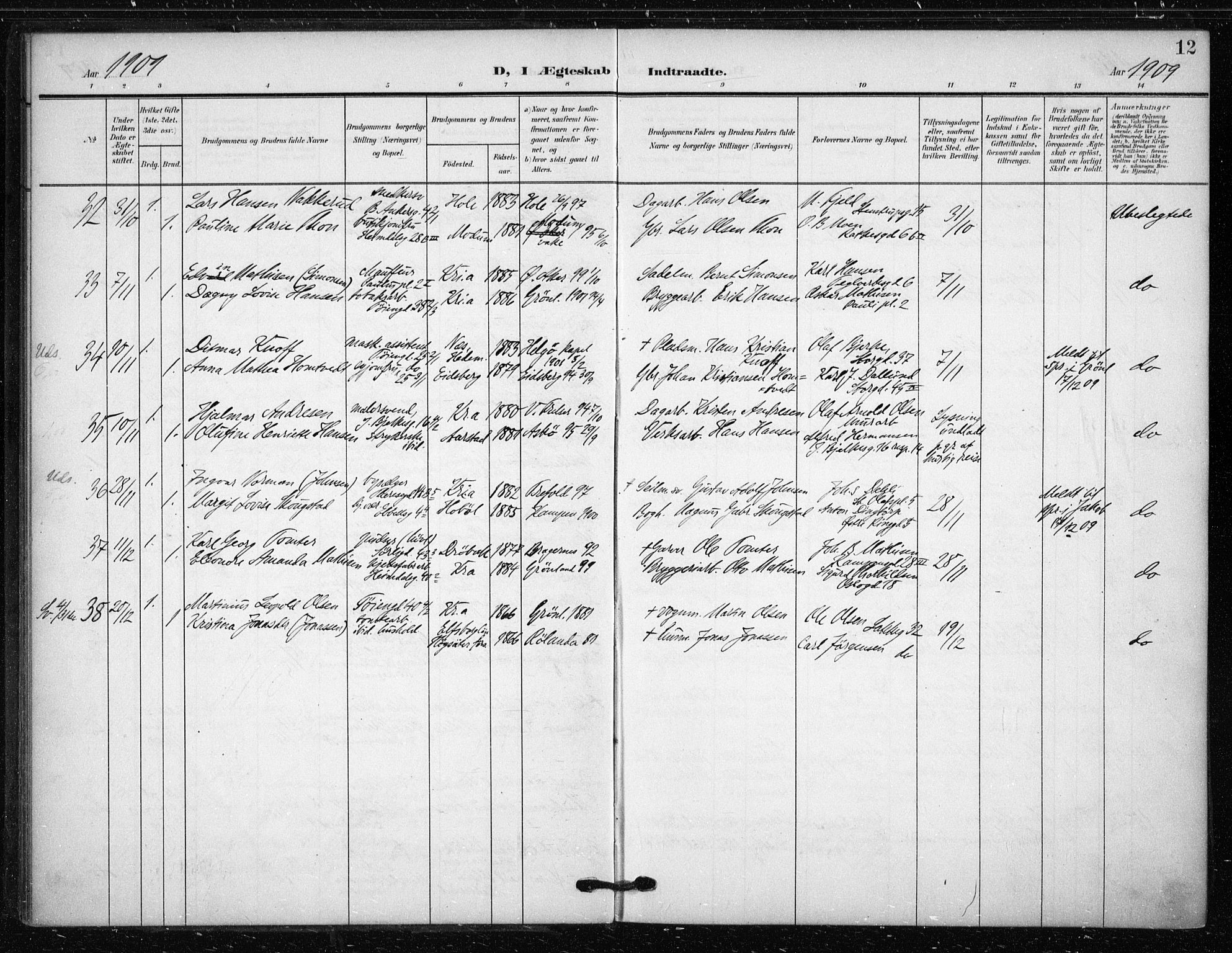 Tøyen prestekontor Kirkebøker, AV/SAO-A-10167a/F/Fa/L0002: Parish register (official) no. I 2, 1907-1916, p. 12