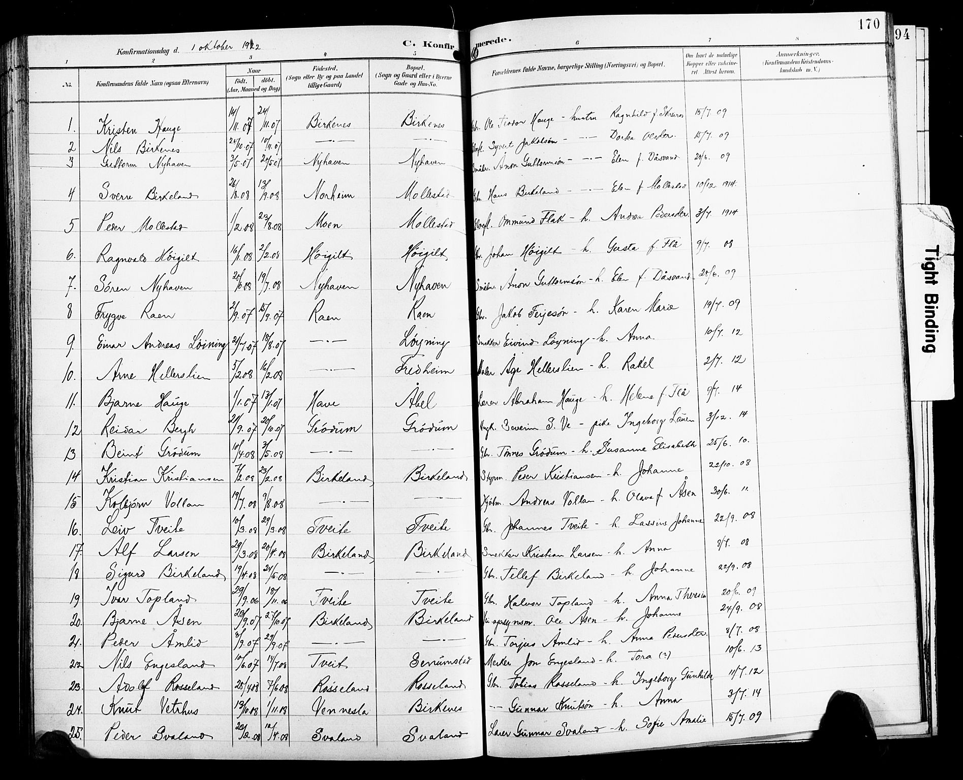 Birkenes sokneprestkontor, SAK/1111-0004/F/Fb/L0004: Parish register (copy) no. B 4, 1893-1930, p. 170