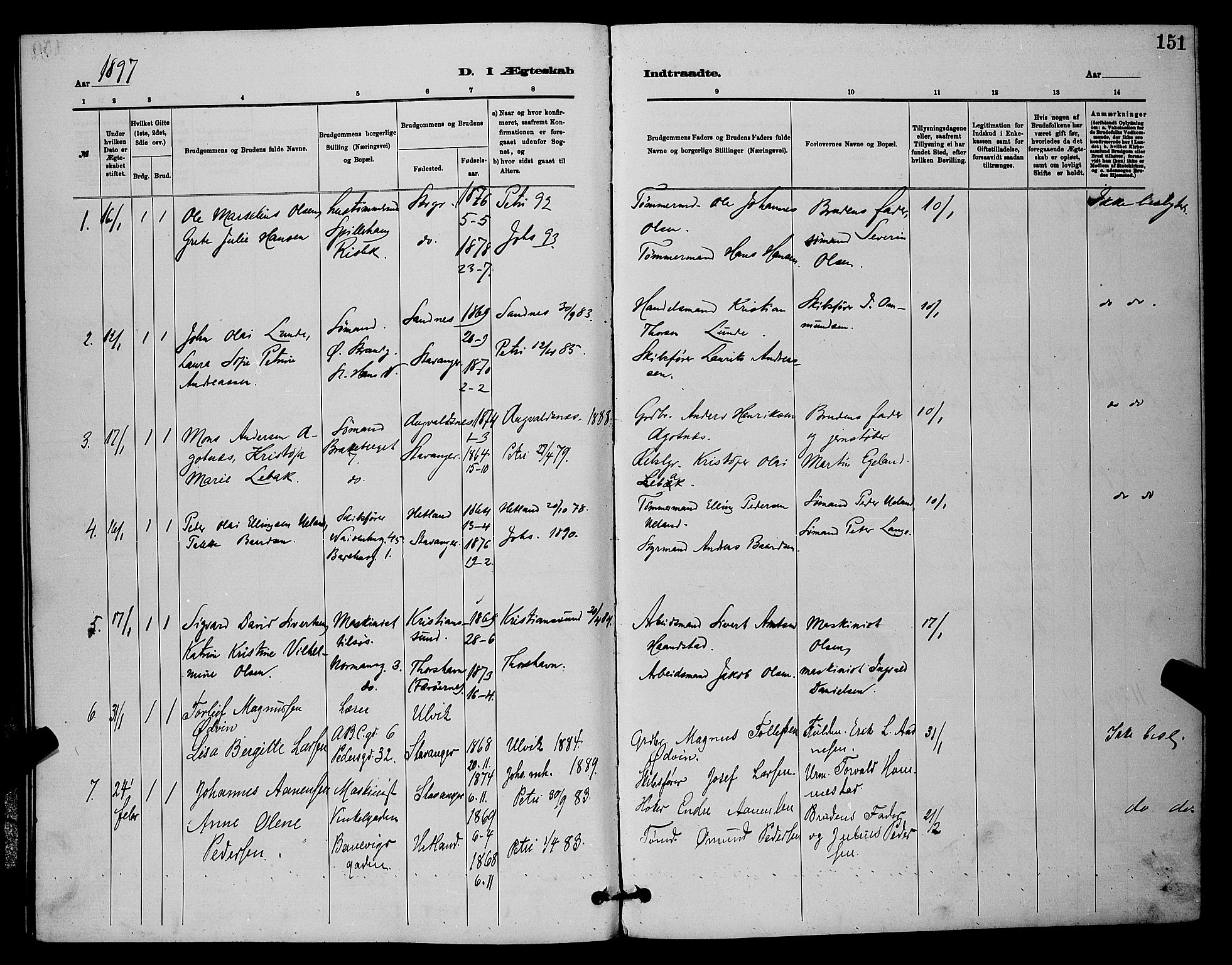 St. Johannes sokneprestkontor, SAST/A-101814/001/30/30BB/L0001: Parish register (copy) no. B 1, 1885-1897, p. 151