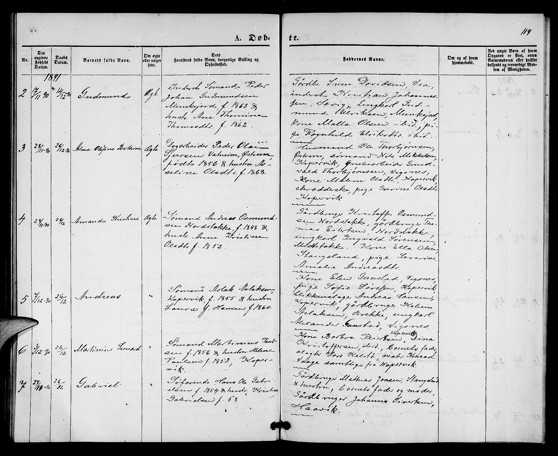 Kopervik sokneprestkontor, SAST/A-101850/H/Ha/Hab/L0001: Parish register (copy) no. B 1, 1877-1891, p. 114
