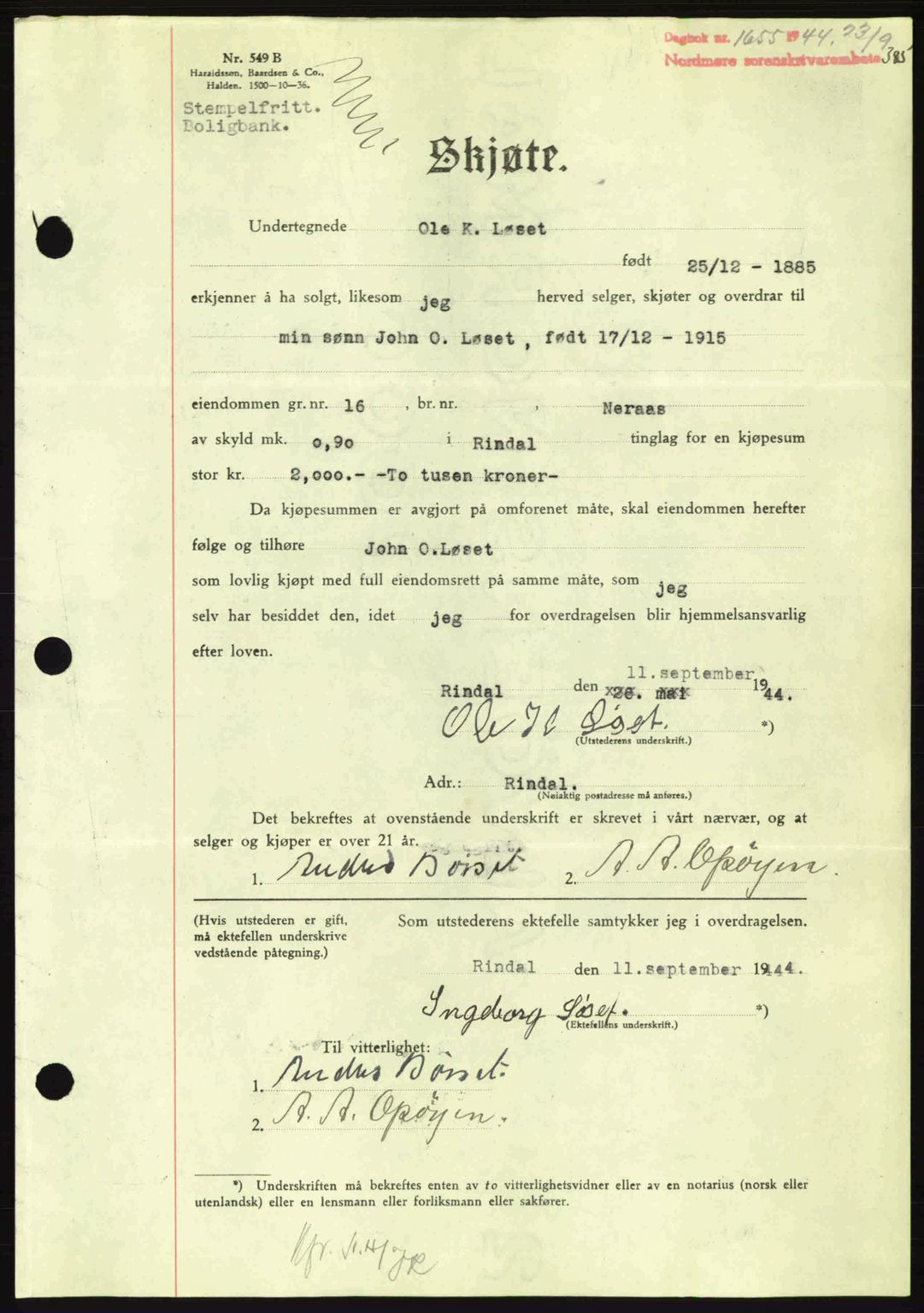 Nordmøre sorenskriveri, AV/SAT-A-4132/1/2/2Ca: Mortgage book no. A98, 1944-1944, Diary no: : 1655/1944