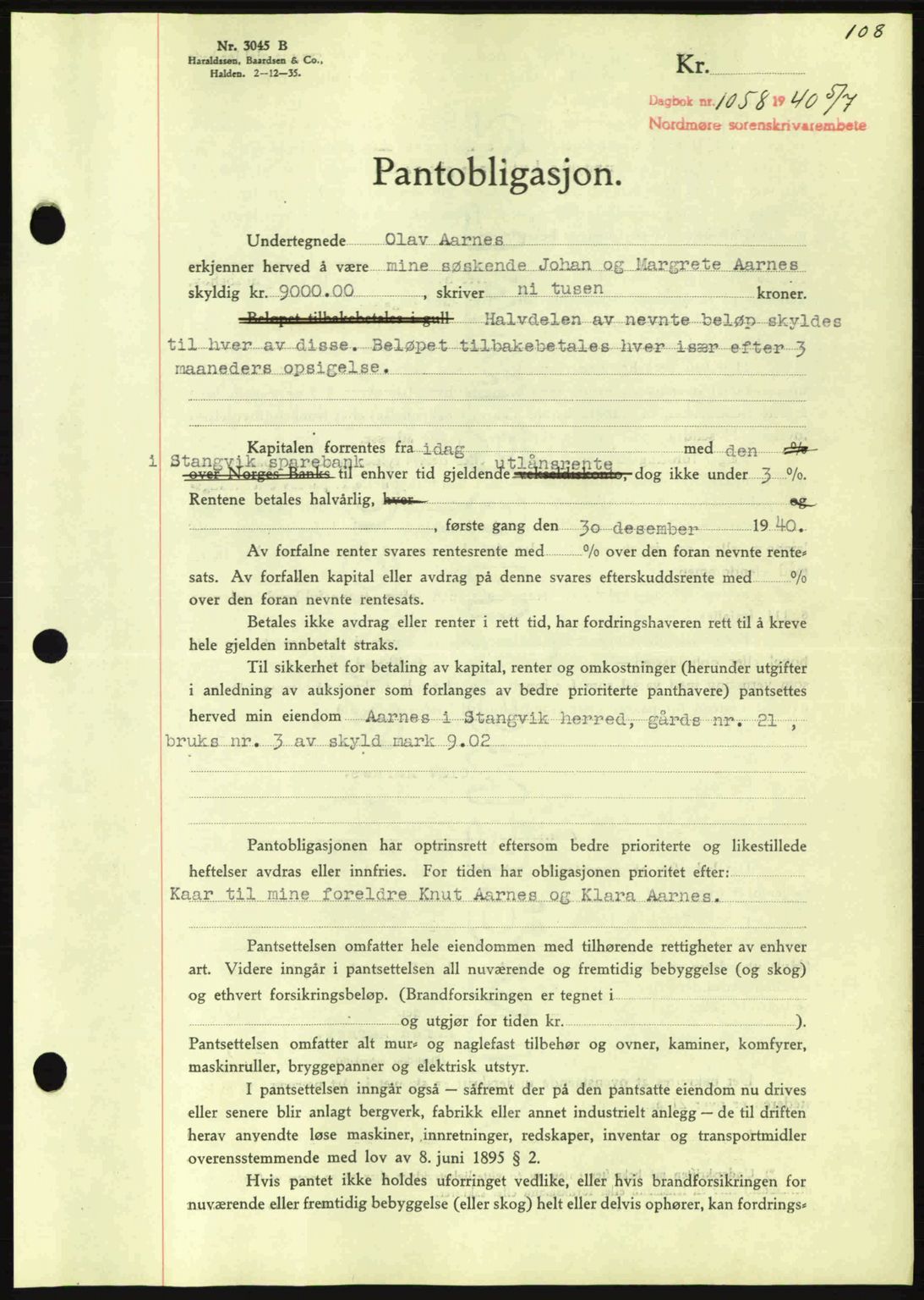 Nordmøre sorenskriveri, AV/SAT-A-4132/1/2/2Ca: Mortgage book no. B87, 1940-1941, Diary no: : 1058/1940