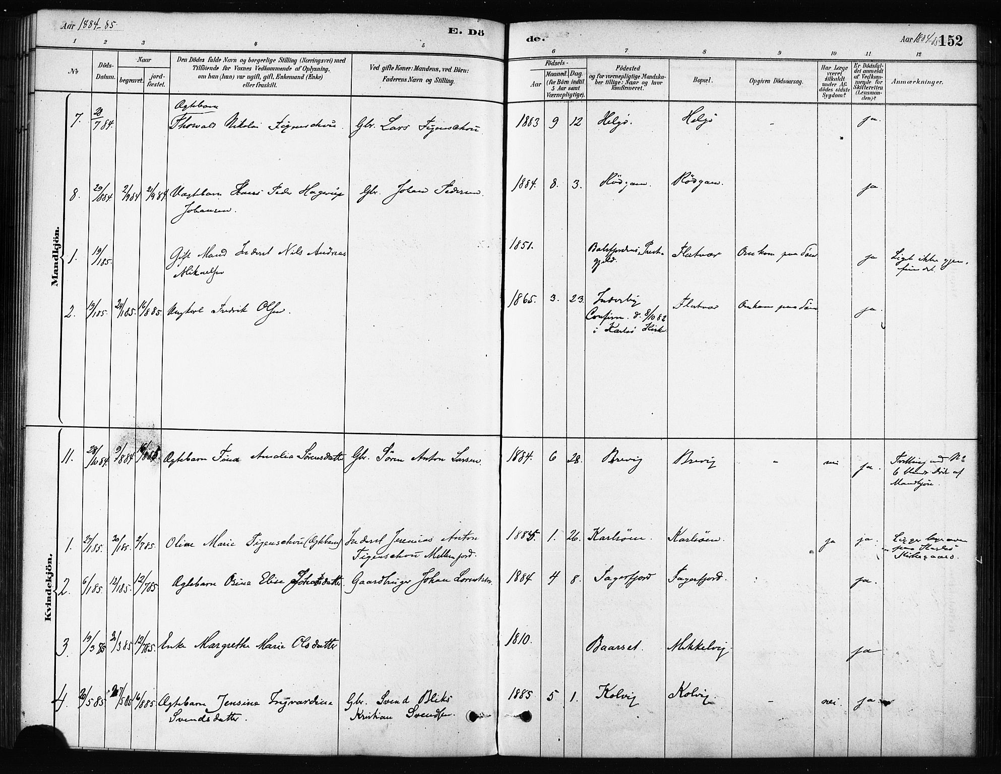 Karlsøy sokneprestembete, AV/SATØ-S-1299/H/Ha/Haa/L0011kirke: Parish register (official) no. 11, 1879-1892, p. 152