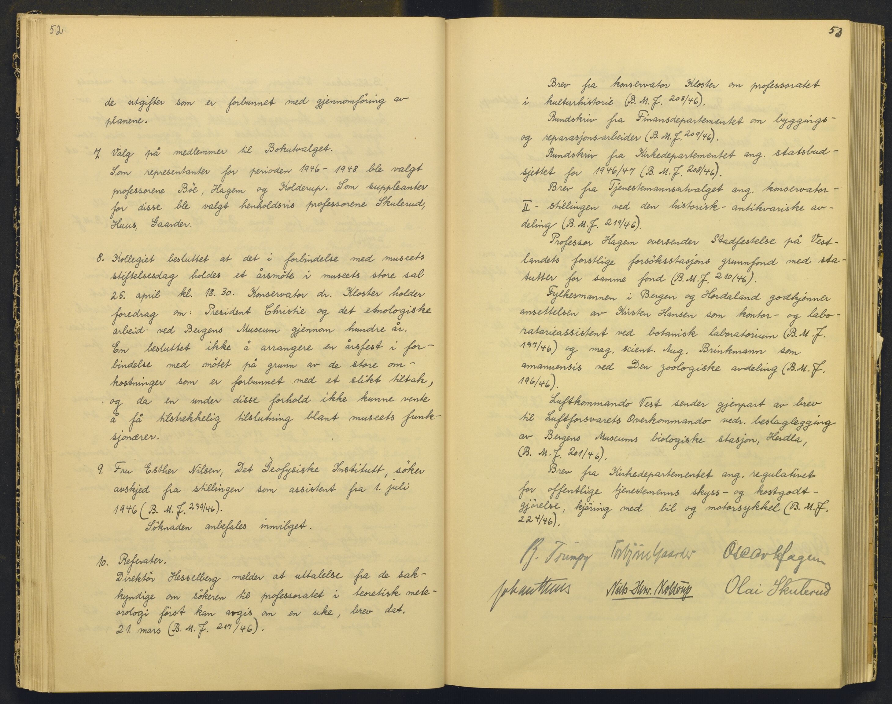 Bergens Museum, AV/SAB-A-17301/18/A/L0004: Professorkollegiets møtebok med register , 1945-1949, p. 52-53