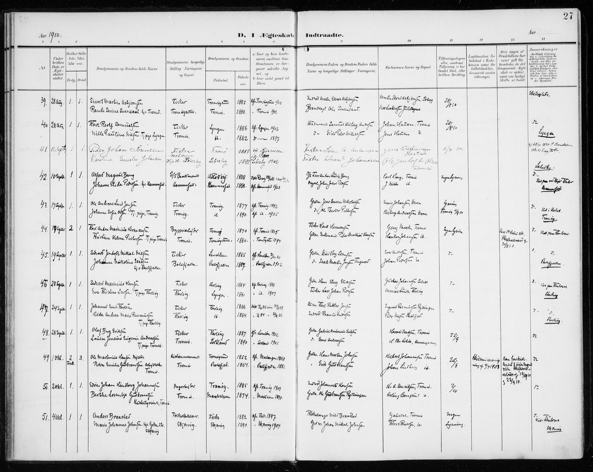 Tromsø sokneprestkontor/stiftsprosti/domprosti, AV/SATØ-S-1343/G/Ga/L0018kirke: Parish register (official) no. 18, 1907-1917, p. 27