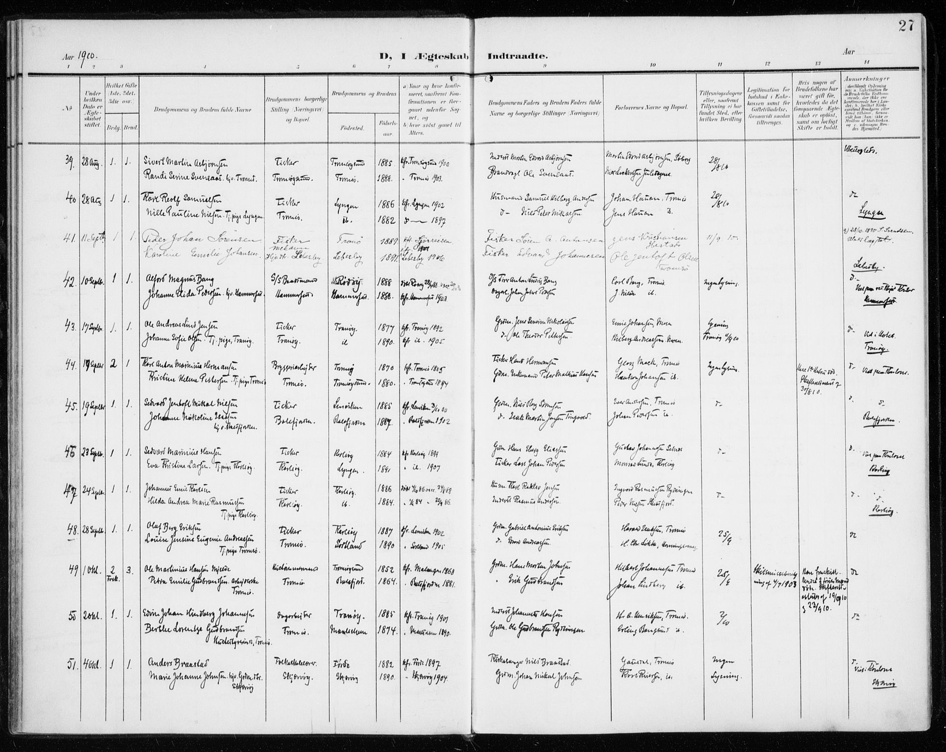 Tromsø sokneprestkontor/stiftsprosti/domprosti, SATØ/S-1343/G/Ga/L0018kirke: Parish register (official) no. 18, 1907-1917, p. 27