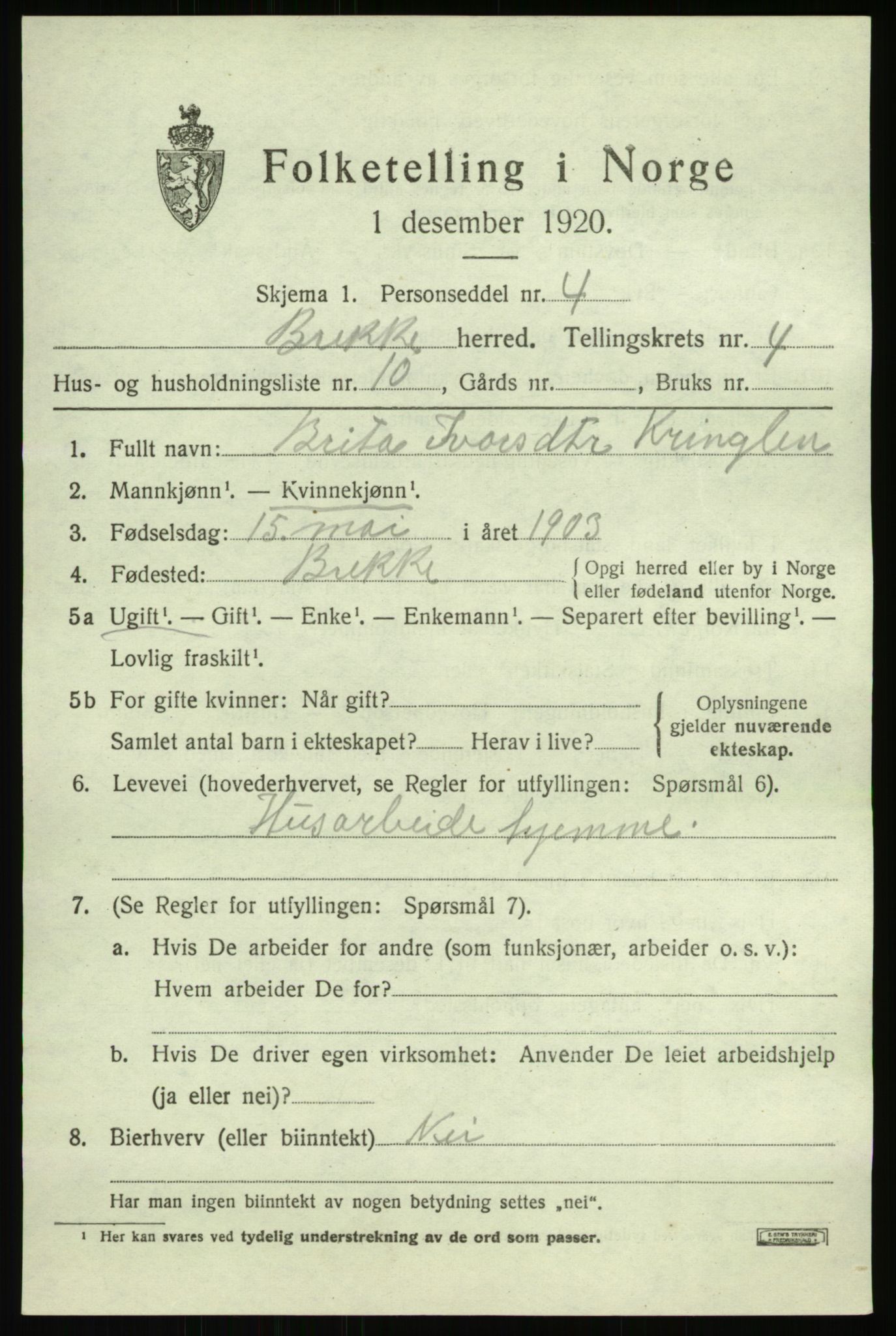 SAB, 1920 census for Brekke, 1920, p. 1058