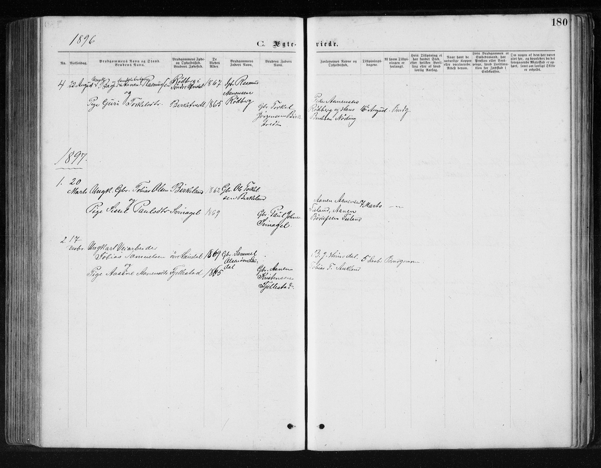 Holum sokneprestkontor, SAK/1111-0022/F/Fb/Fbb/L0003: Parish register (copy) no. B 3, 1875-1898, p. 180