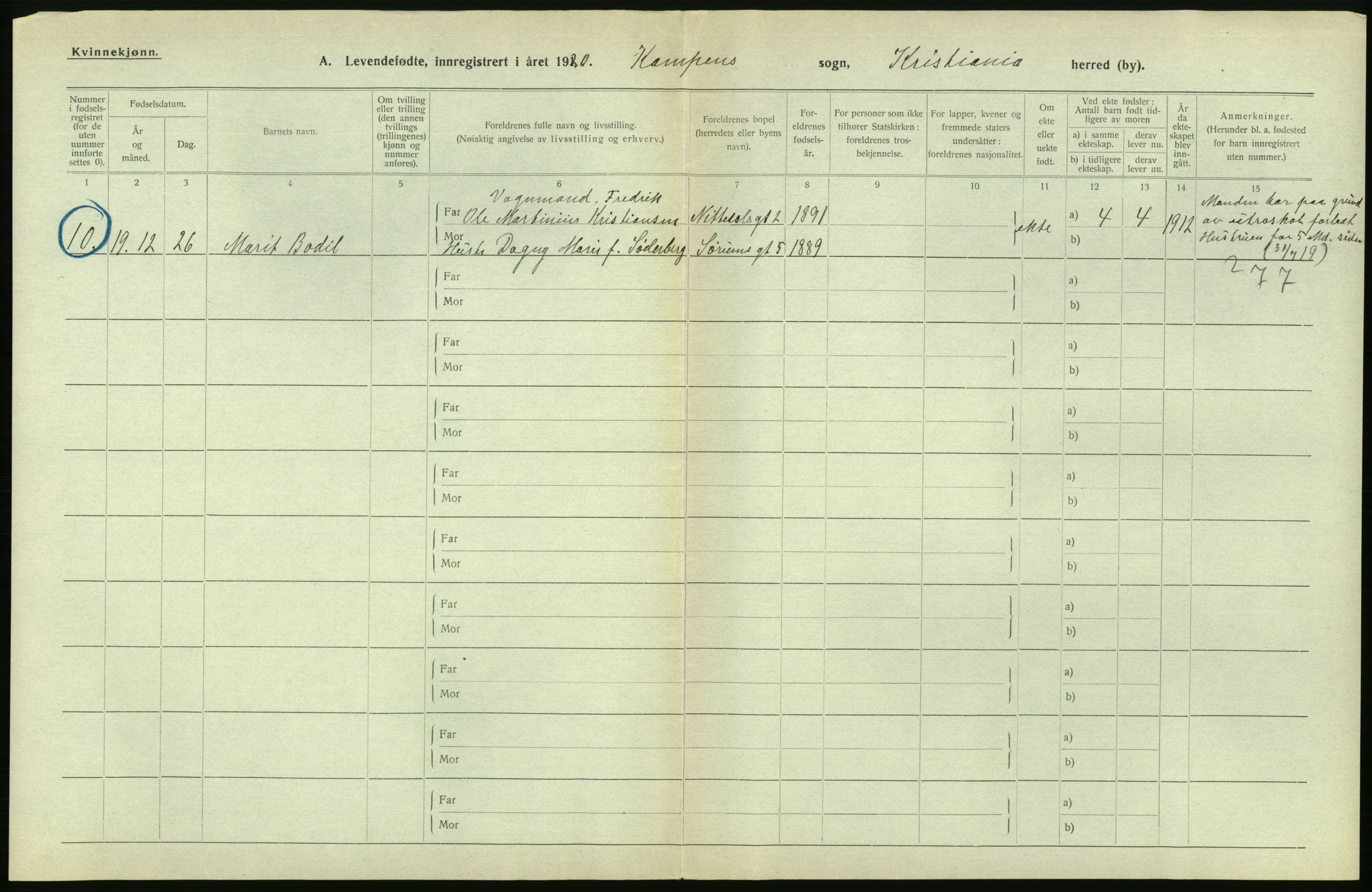 Statistisk sentralbyrå, Sosiodemografiske emner, Befolkning, RA/S-2228/D/Df/Dfb/Dfbj/L0008: Kristiania: Levendefødte menn og kvinner., 1920, p. 236