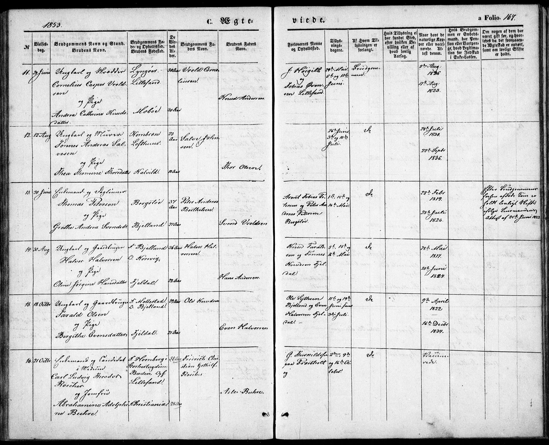 Vestre Moland sokneprestkontor, AV/SAK-1111-0046/F/Fb/Fbb/L0003: Parish register (copy) no. B 3, 1851-1861, p. 167