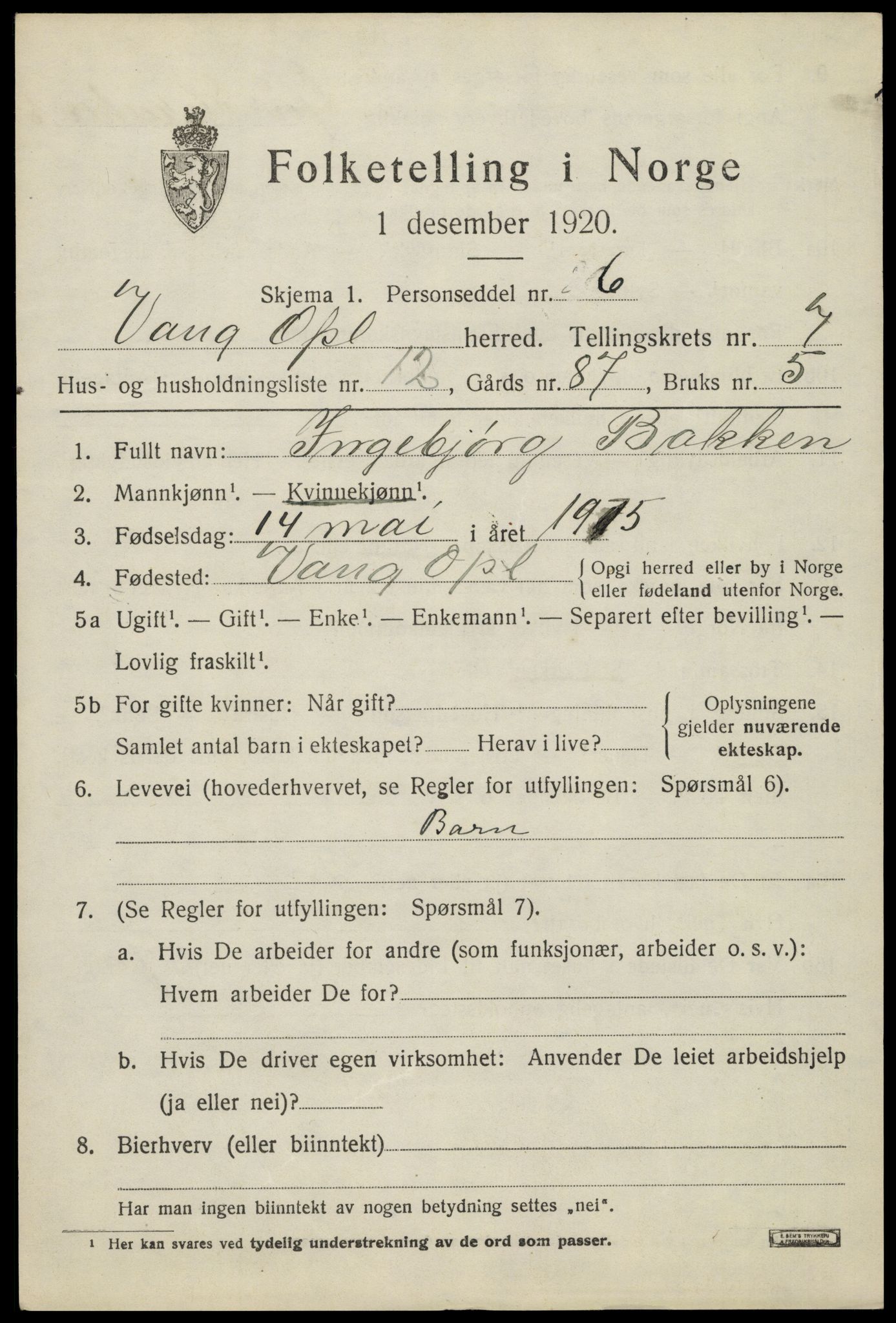 SAH, 1920 census for Vang (Oppland), 1920, p. 3243