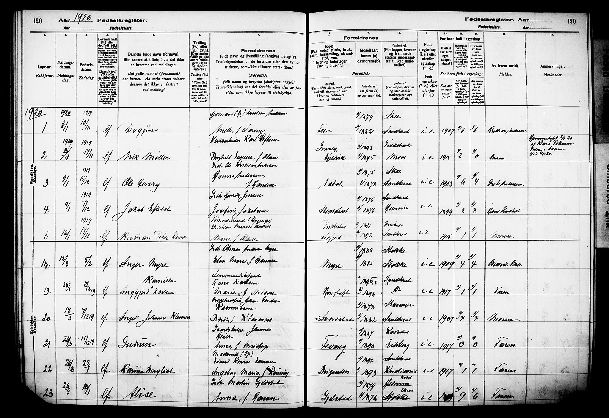 Sandar kirkebøker, AV/SAKO-A-243/J/Ja/L0001: Birth register no. 1, 1916-1922, p. 120