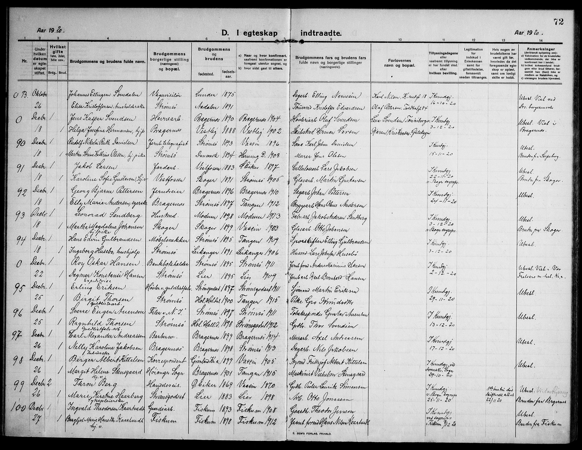 Strømsø kirkebøker, AV/SAKO-A-246/F/Fa/L0027: Parish register (official) no. I 28, 1912-1931, p. 72