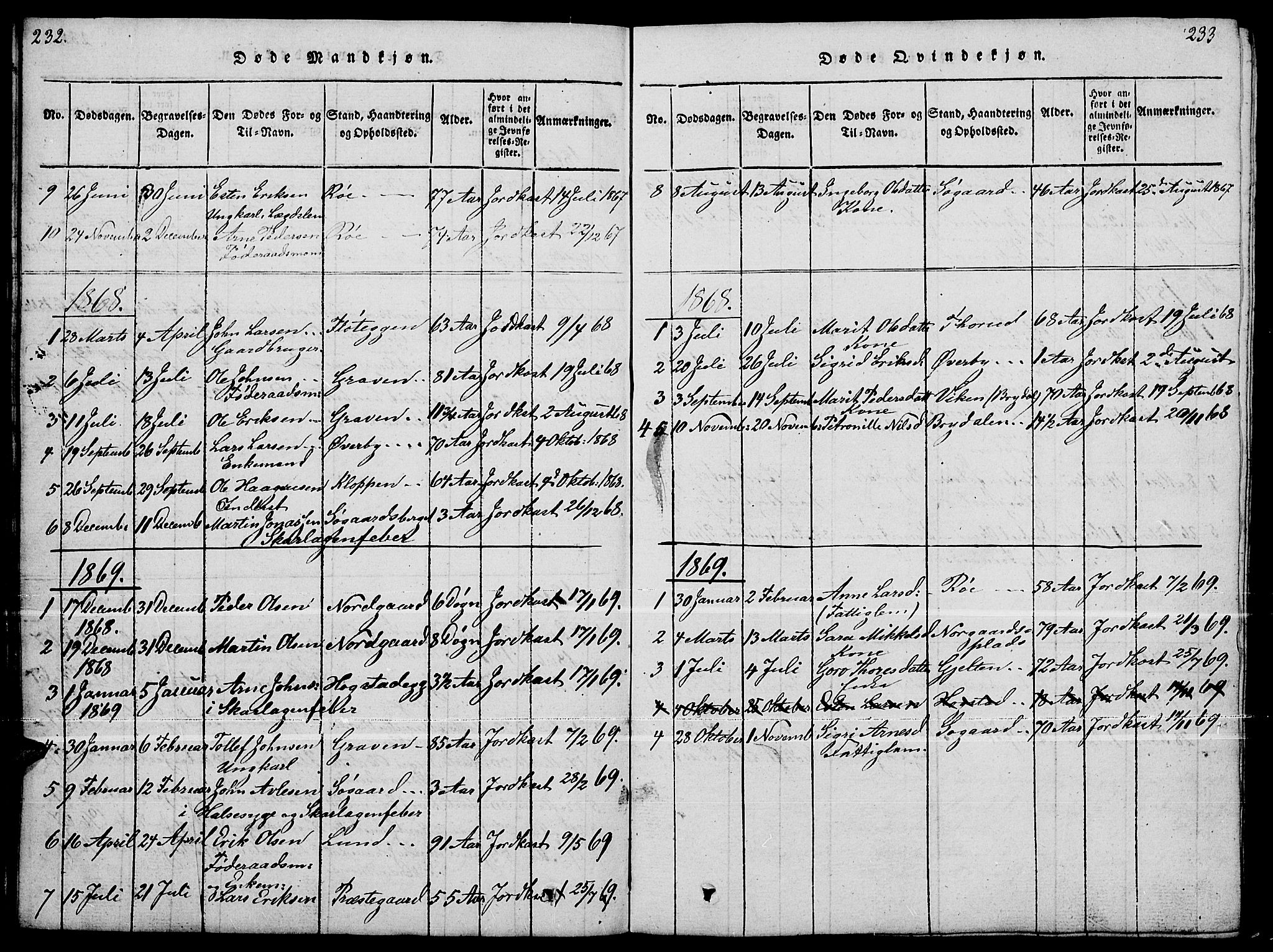Tynset prestekontor, SAH/PREST-058/H/Ha/Hab/L0004: Parish register (copy) no. 4, 1814-1879, p. 232-233