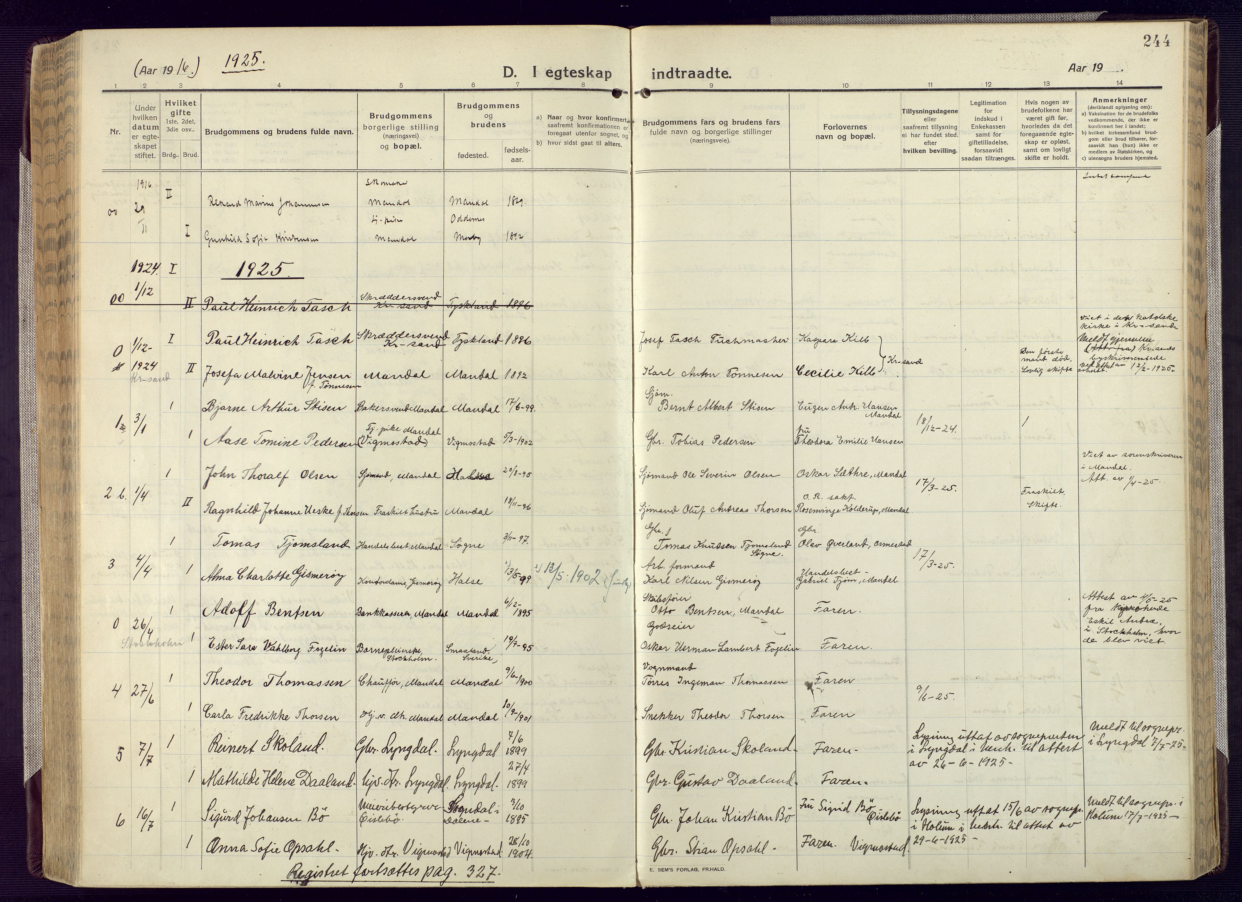 Mandal sokneprestkontor, AV/SAK-1111-0030/F/Fa/Fac/L0001: Parish register (official) no. A 1, 1913-1925, p. 244