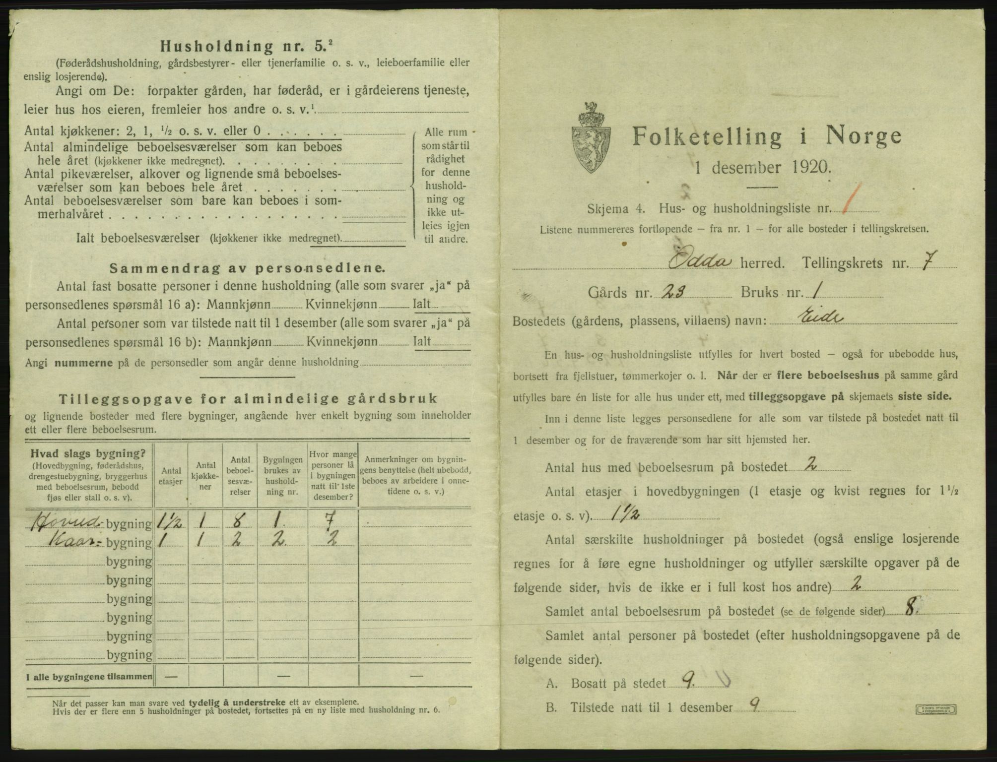 SAB, 1920 census for Odda, 1920, p. 507