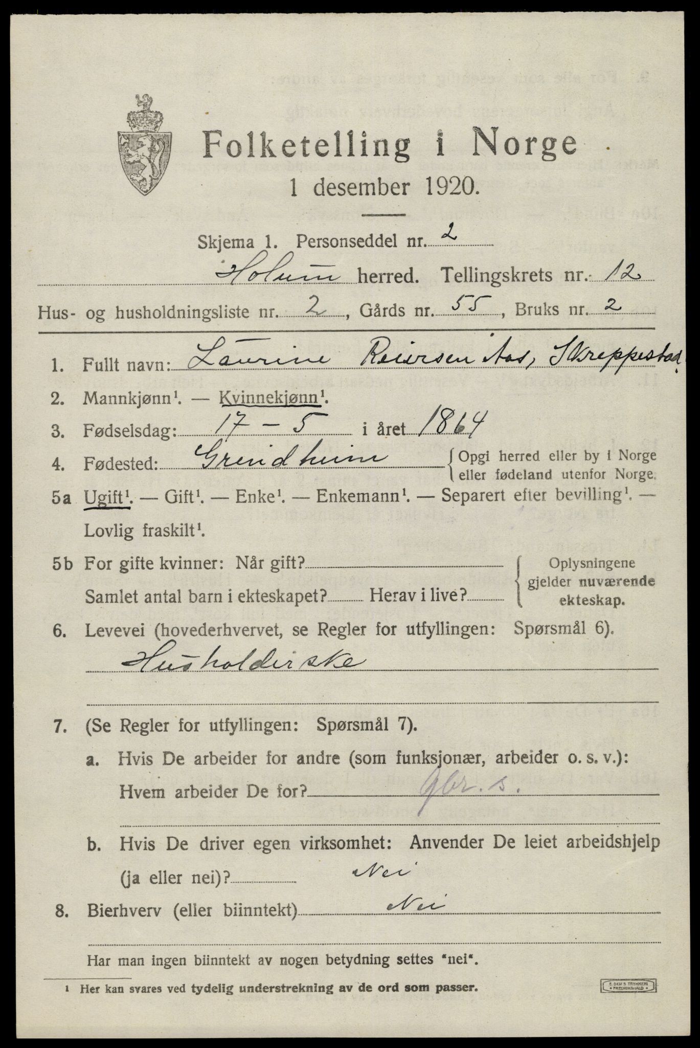 SAK, 1920 census for Holum, 1920, p. 3107