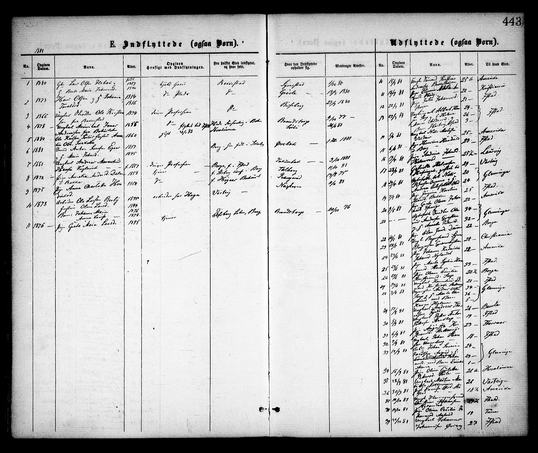 Skjeberg prestekontor Kirkebøker, SAO/A-10923/F/Fa/L0008: Parish register (official) no. I 8, 1869-1885, p. 443