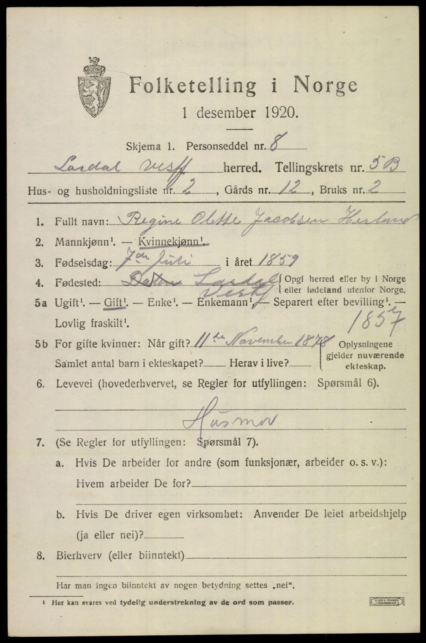 SAKO, 1920 census for Lardal, 1920, p. 5255