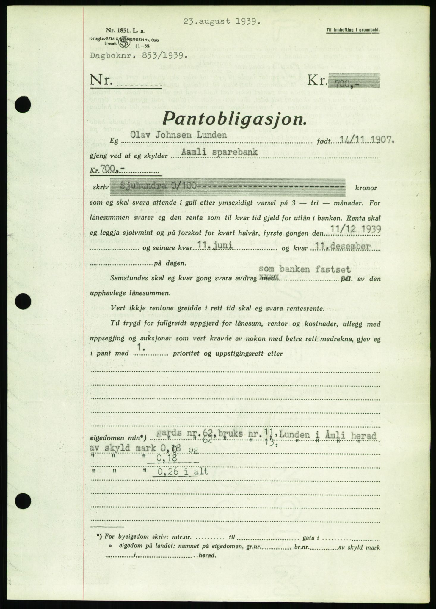 Nedenes sorenskriveri, AV/SAK-1221-0006/G/Gb/Gbb/L0001: Mortgage book no. I, 1939-1942, Diary no: : 853/1939