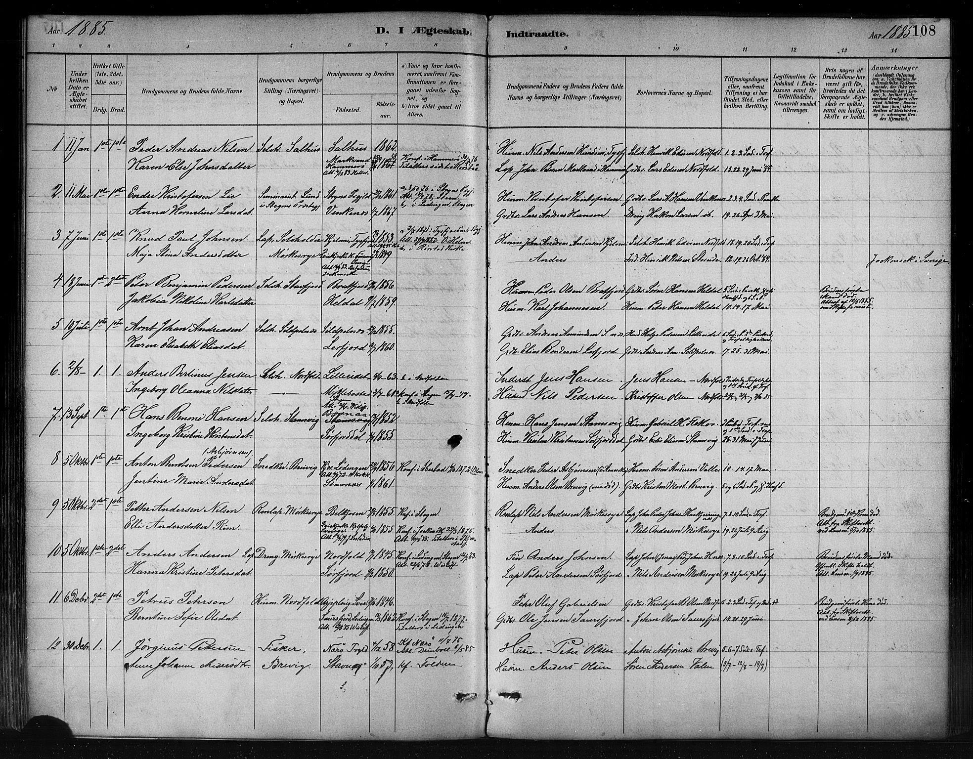 Ministerialprotokoller, klokkerbøker og fødselsregistre - Nordland, AV/SAT-A-1459/858/L0831: Parish register (official) no. 858A01, 1884-1902, p. 108