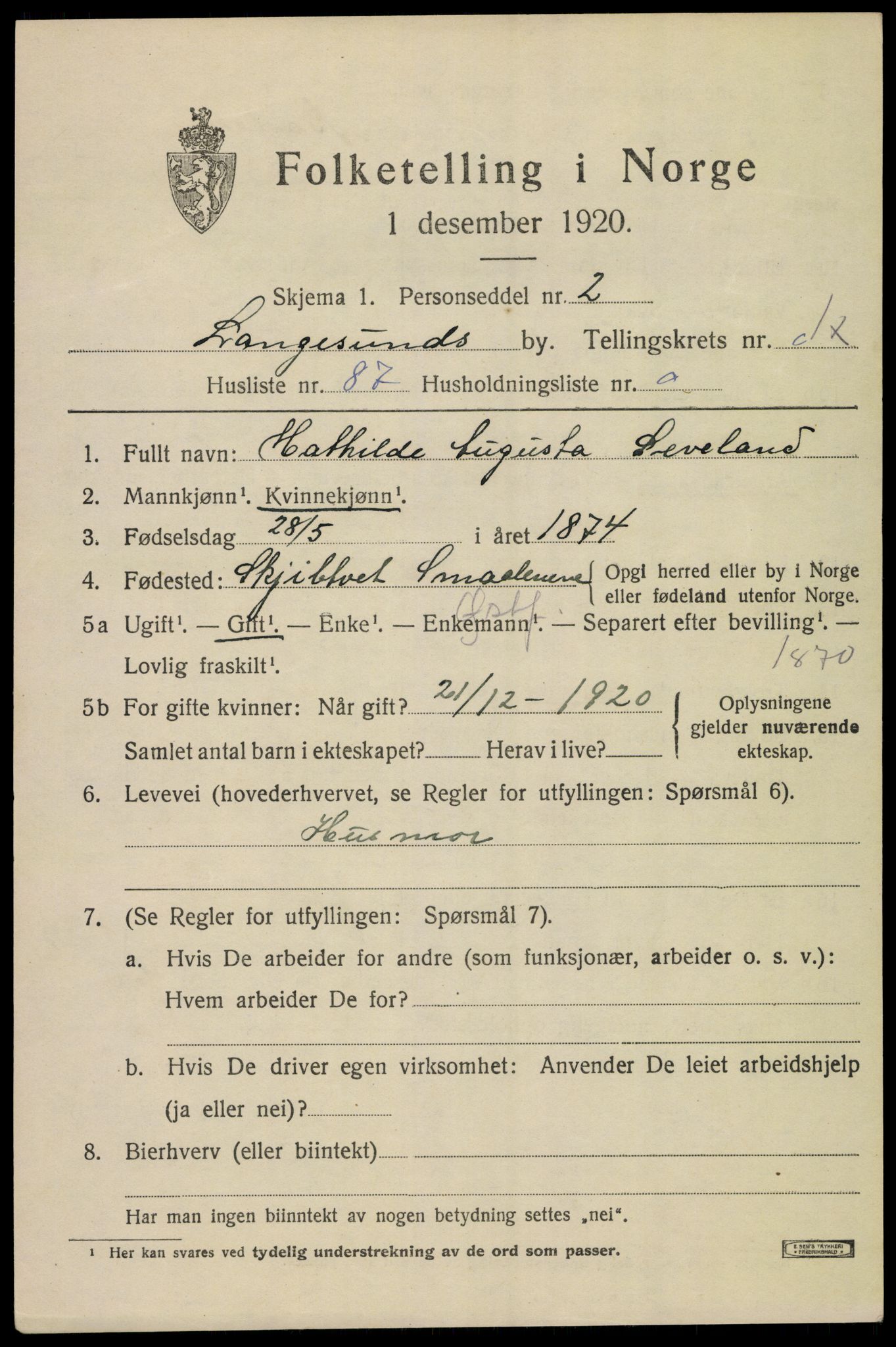 SAKO, 1920 census for Langesund, 1920, p. 3679