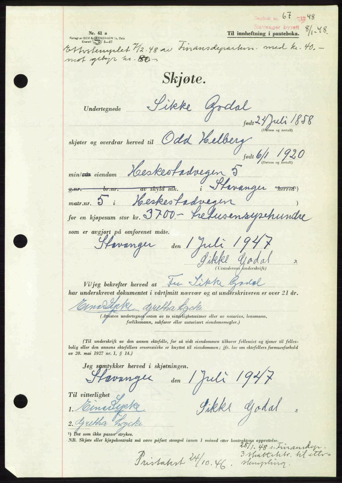 Stavanger byrett, SAST/A-100455/002/G/Gb/L0022: Mortgage book no. A11, 1947-1948, Diary no: : 67/1948
