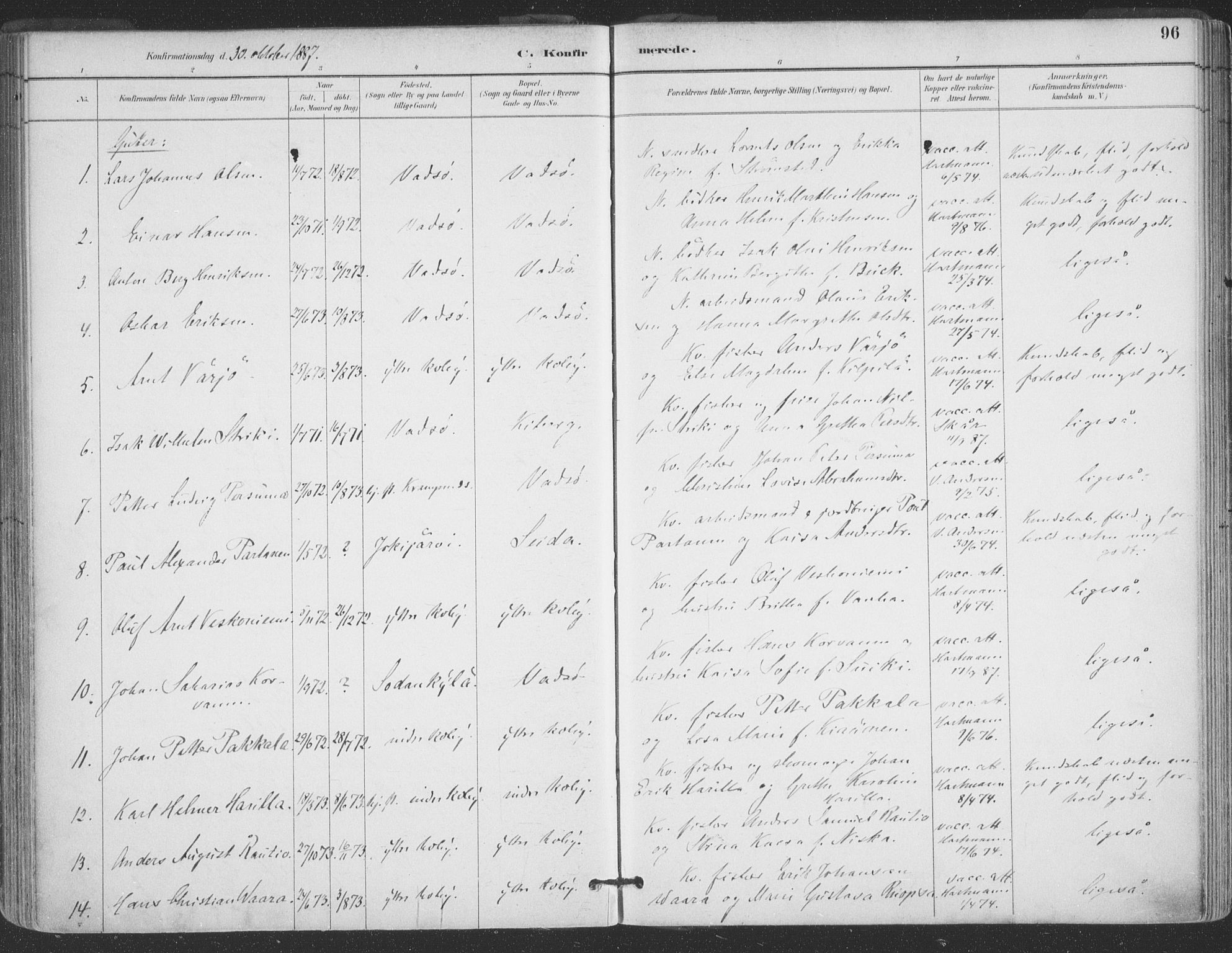 Vadsø sokneprestkontor, AV/SATØ-S-1325/H/Ha/L0006kirke: Parish register (official) no. 6, 1885-1895, p. 96