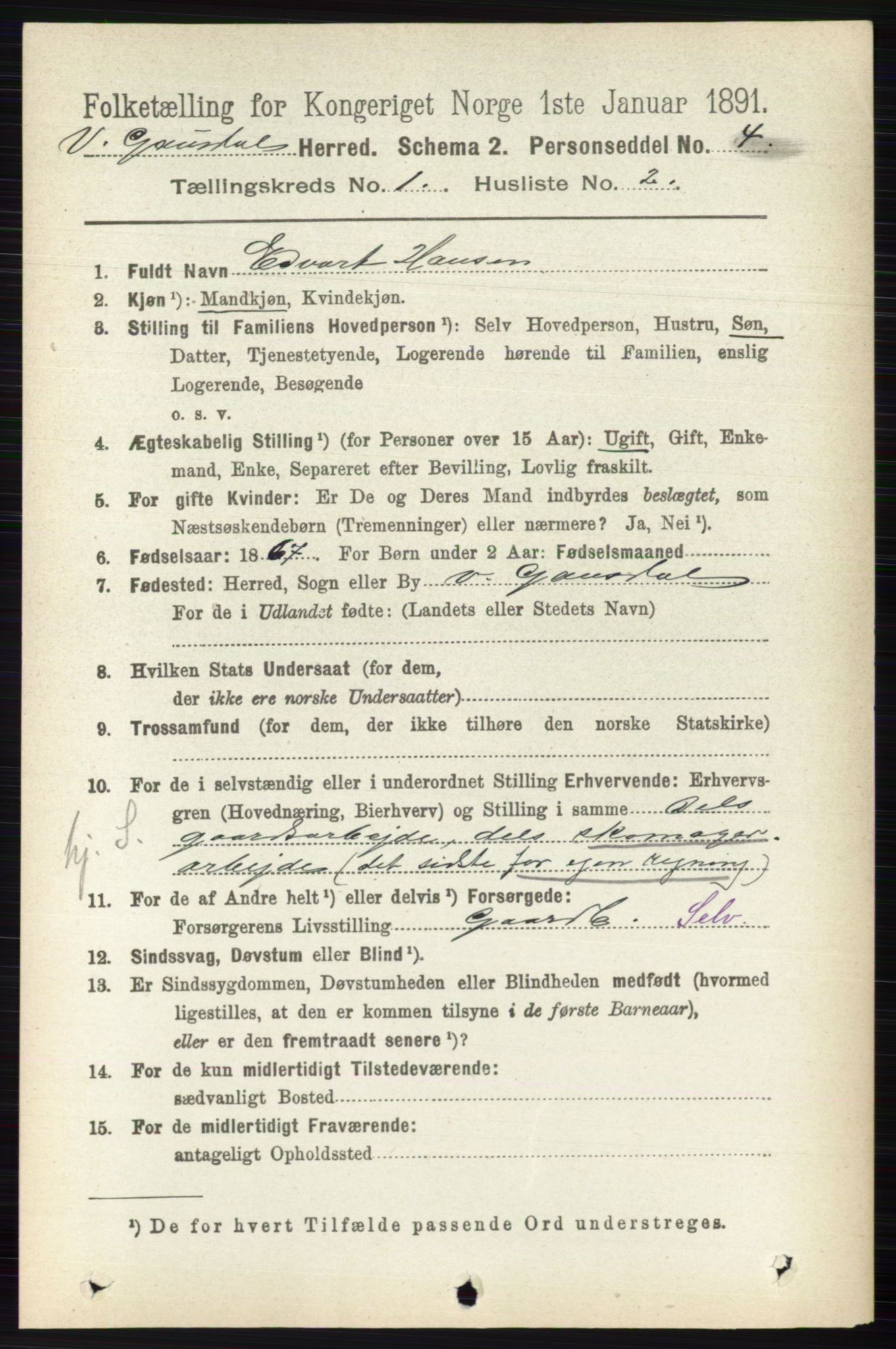 RA, 1891 census for 0523 Vestre Gausdal, 1891, p. 93