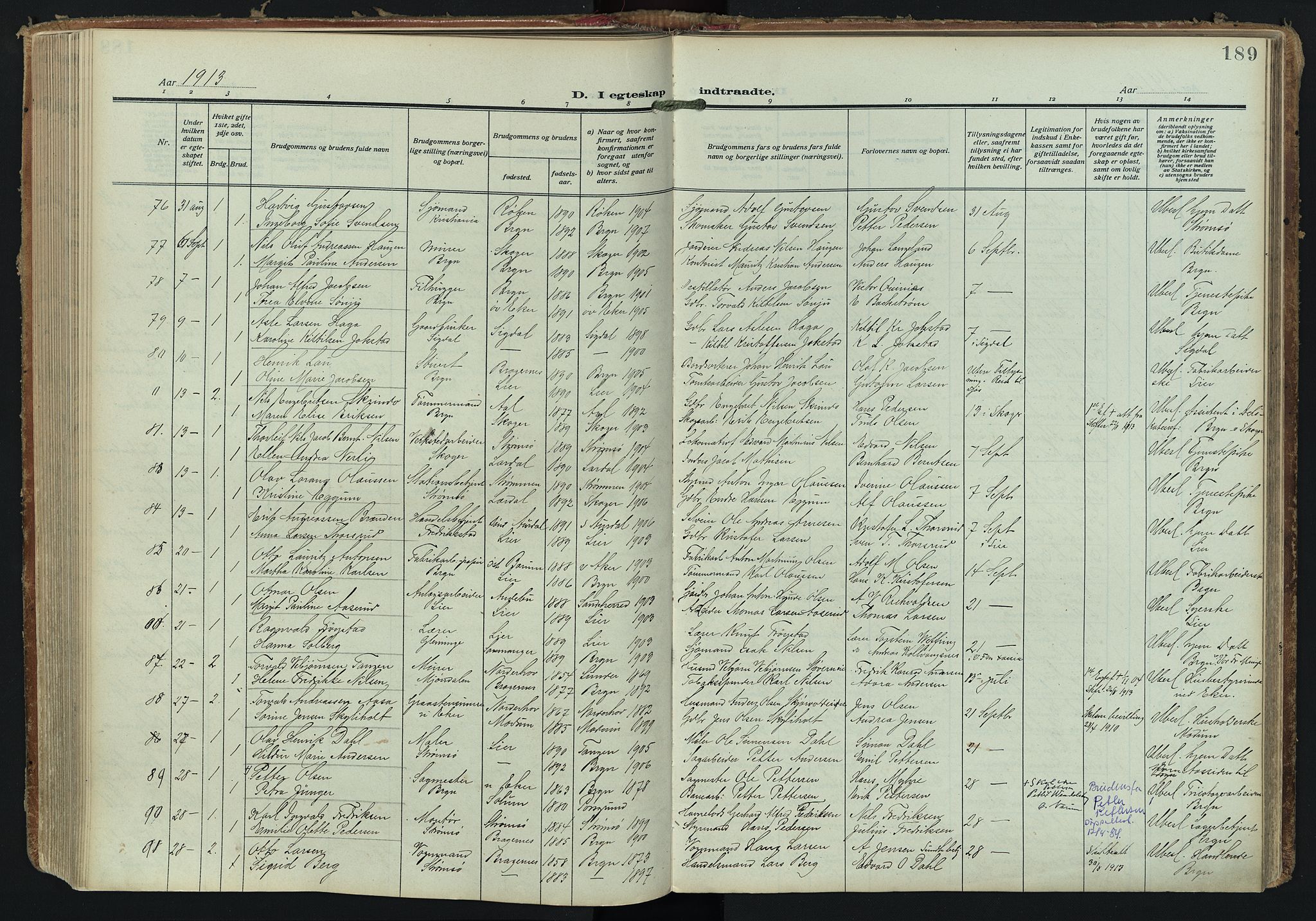 Bragernes kirkebøker, SAKO/A-6/F/Fc/L0008: Parish register (official) no. III 8, 1909-1921, p. 189