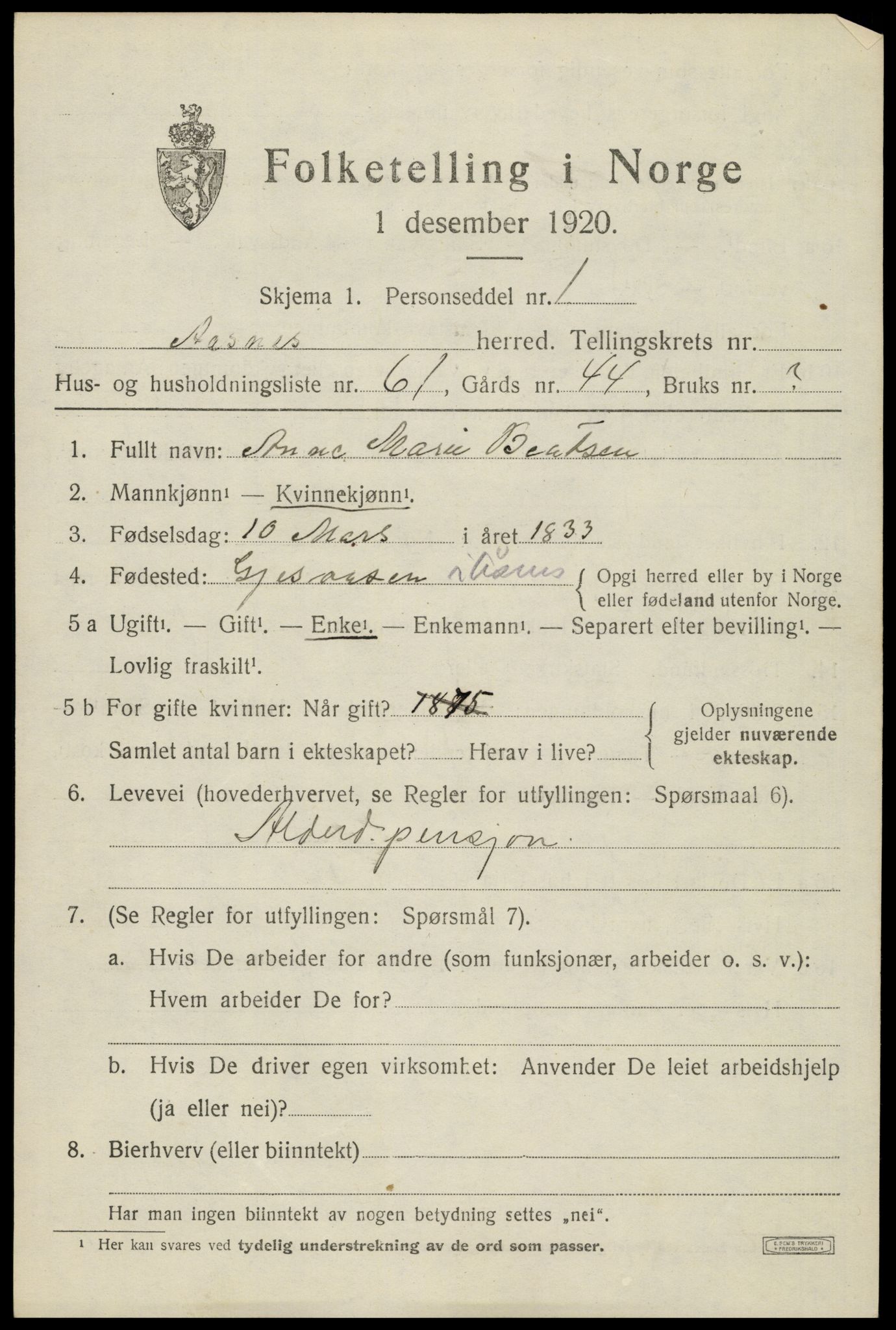 SAH, 1920 census for Åsnes, 1920, p. 9124