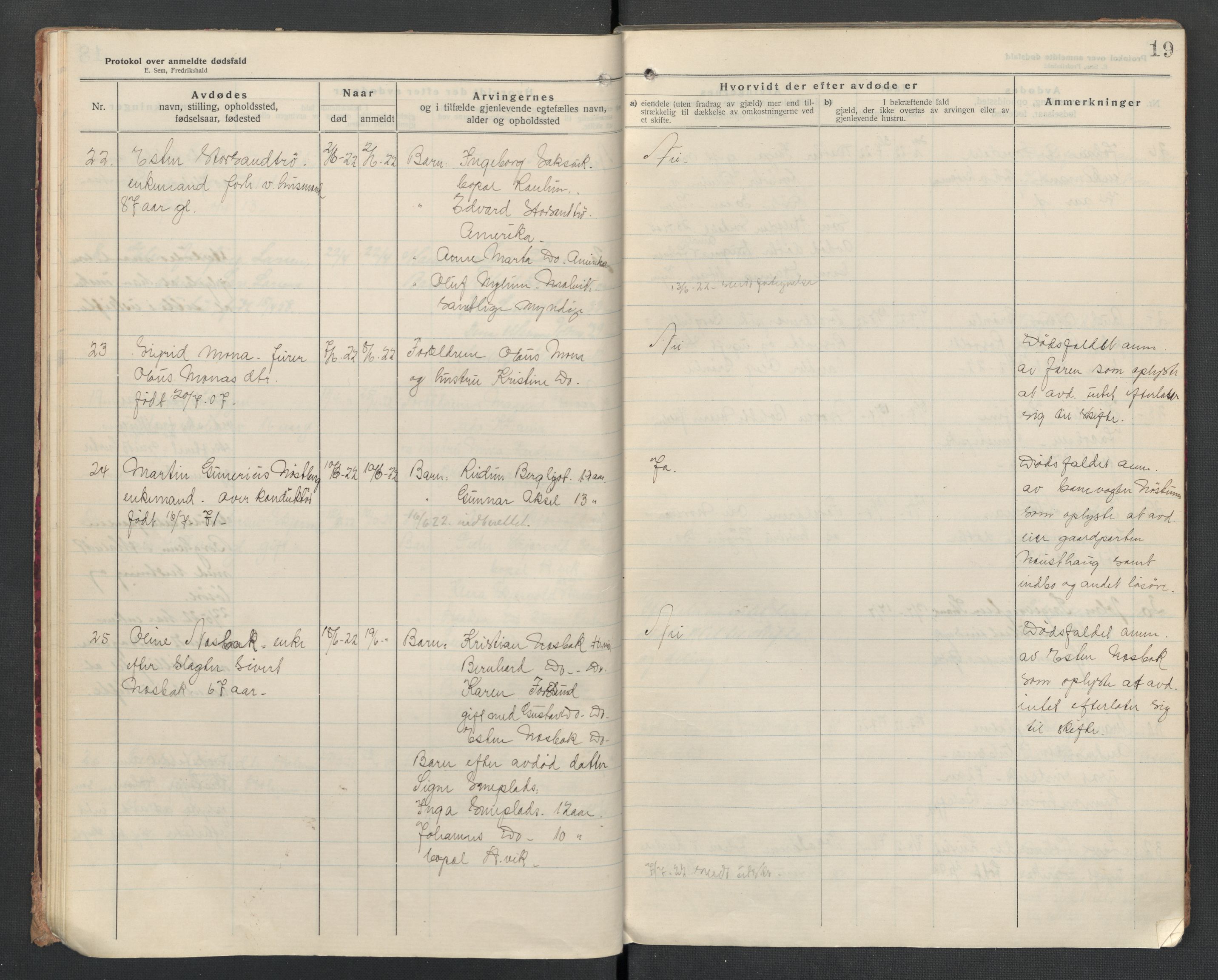 Malvik lensmannskontor, SAT/A-1061/2/02/L0043: Dødsfallsprotokoll, 1920-1932, p. 19