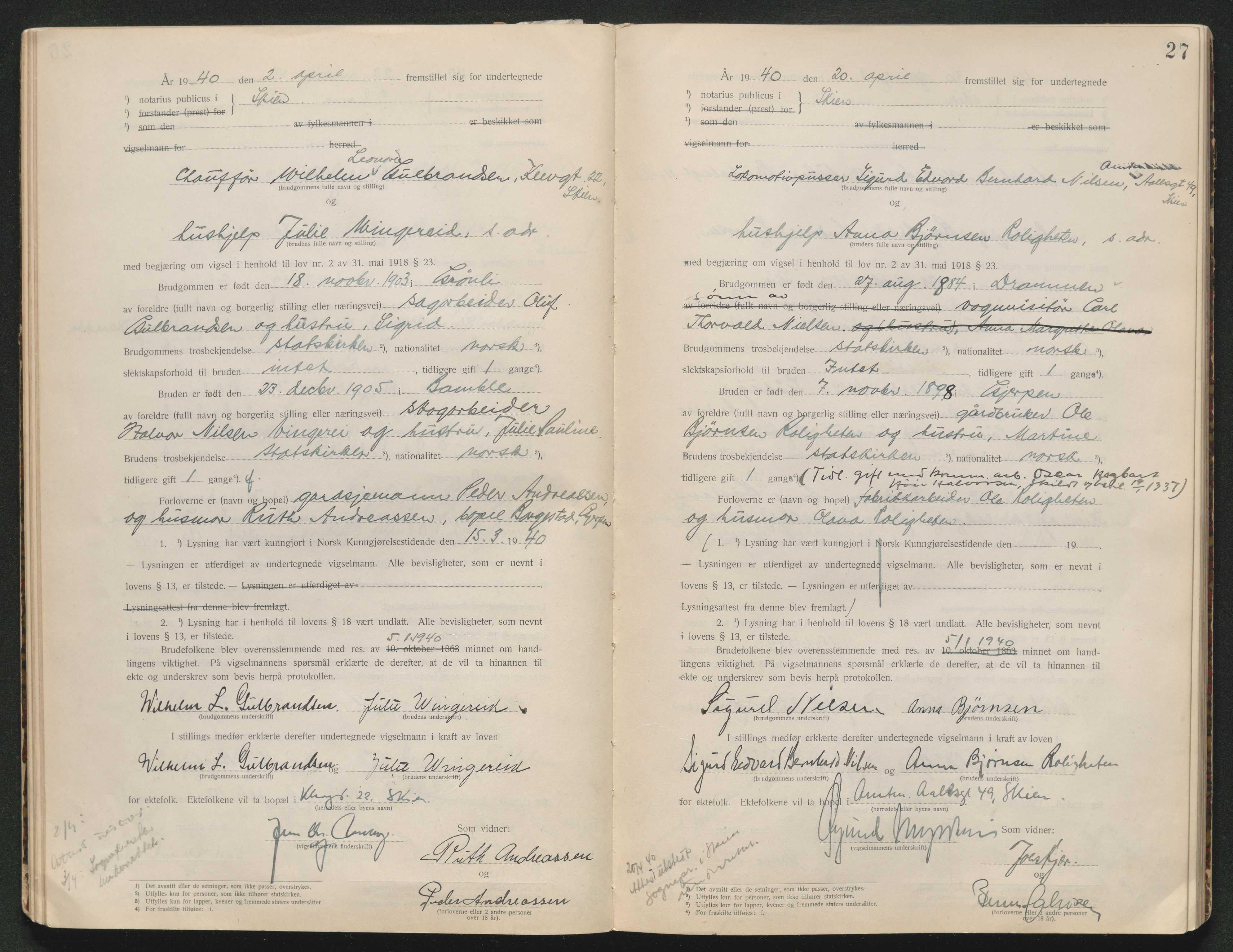 Skien sorenskriveri, AV/SAKO-A-225/L/La/L0001: Vigselsprotokoll, 1920-1947, p. 27