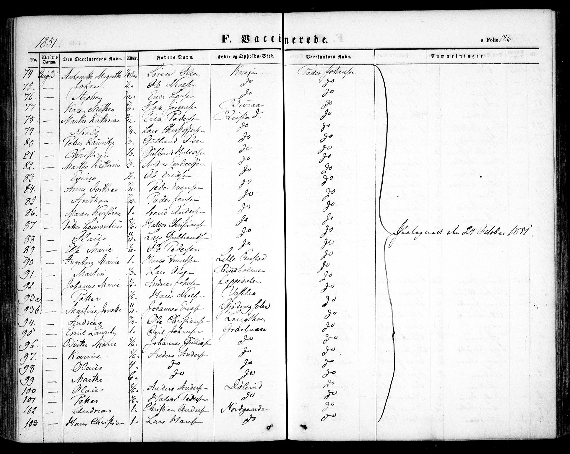 Hurdal prestekontor Kirkebøker, AV/SAO-A-10889/F/Fa/L0005: Parish register (official) no. I 5, 1846-1859, p. 186