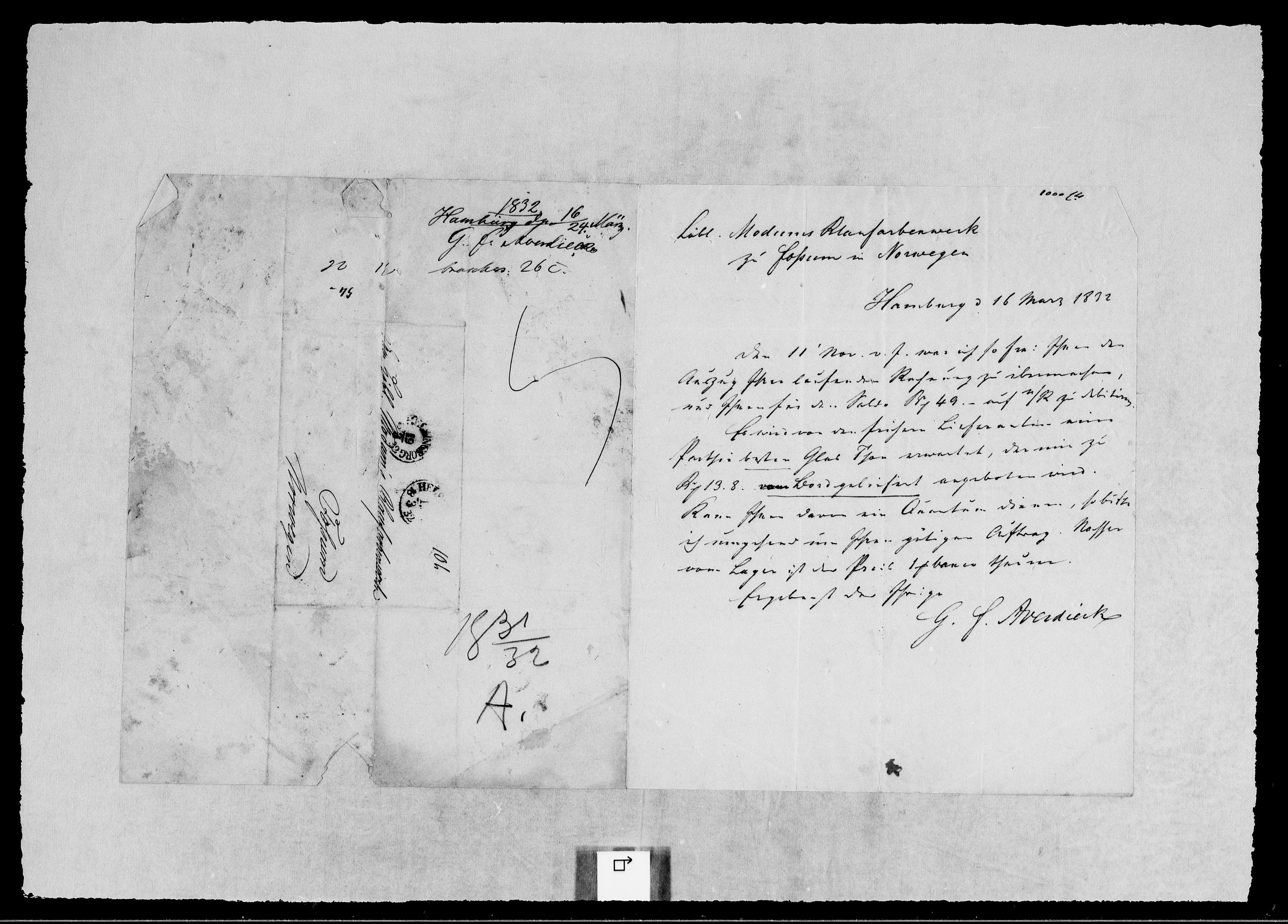 Modums Blaafarveværk, RA/PA-0157/G/Gb/L0107/0001: -- / Innkomne brev A - H, 1831-1832, p. 2