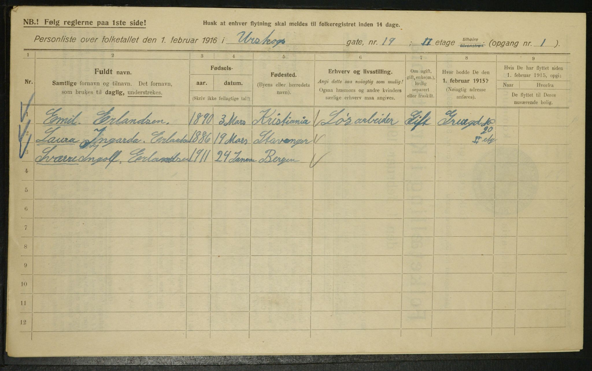 OBA, Municipal Census 1916 for Kristiania, 1916, p. 2713