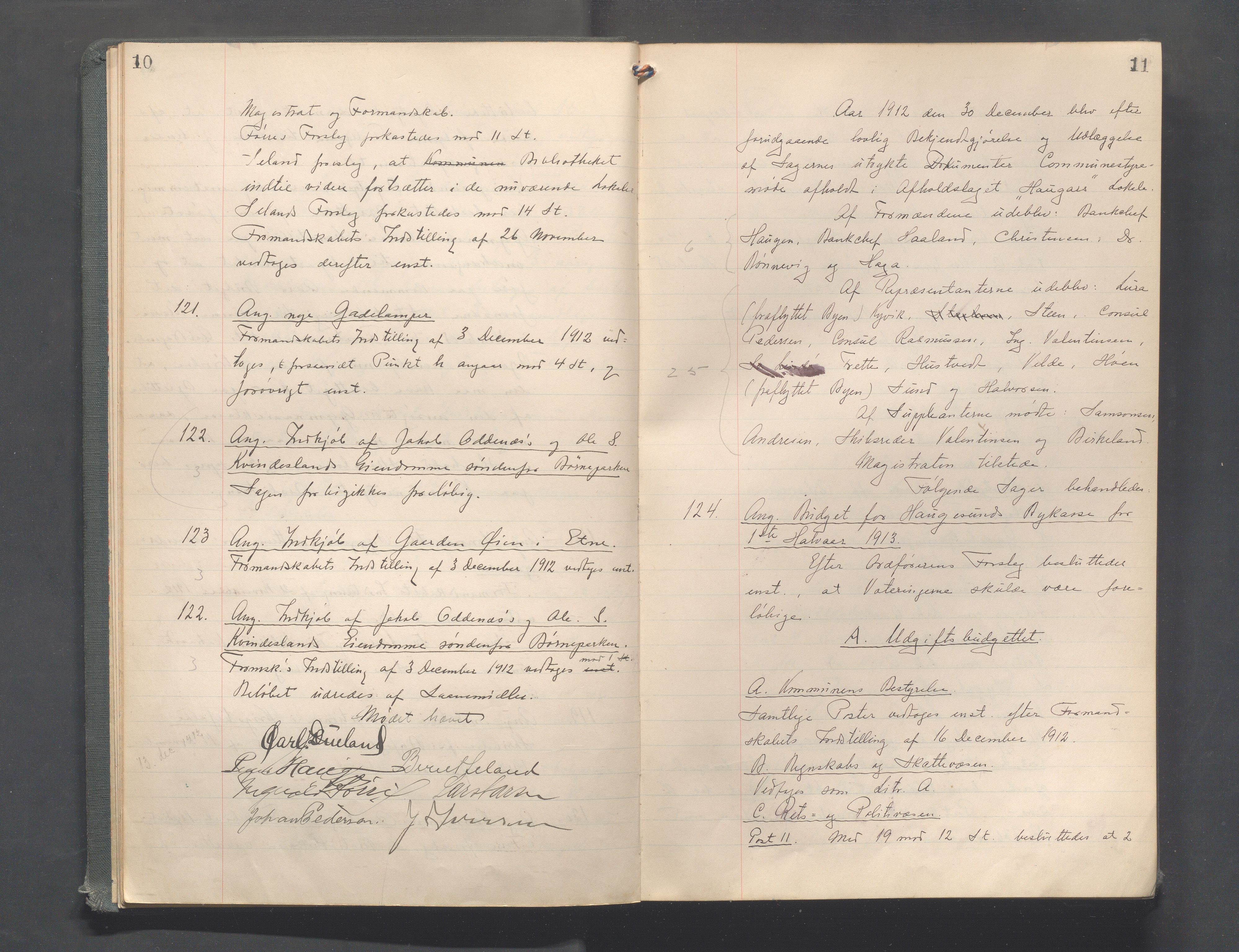 Haugesund kommune - Formannskapet og Bystyret, IKAR/A-740/A/Aba/L0001: Forhandlingsprotokoller Bystyre, 1912-1917, p. 10-11