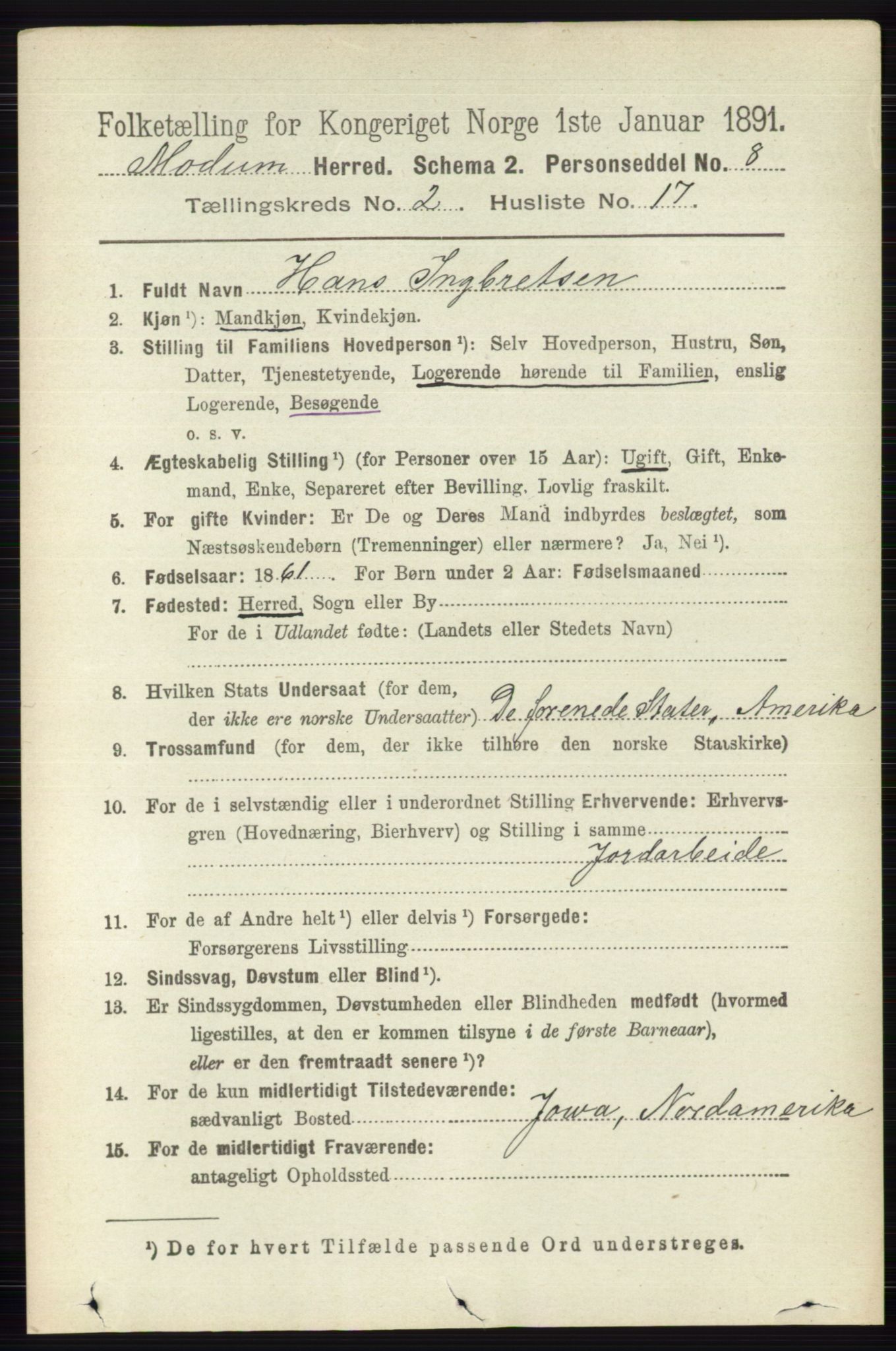 RA, 1891 census for 0623 Modum, 1891, p. 569