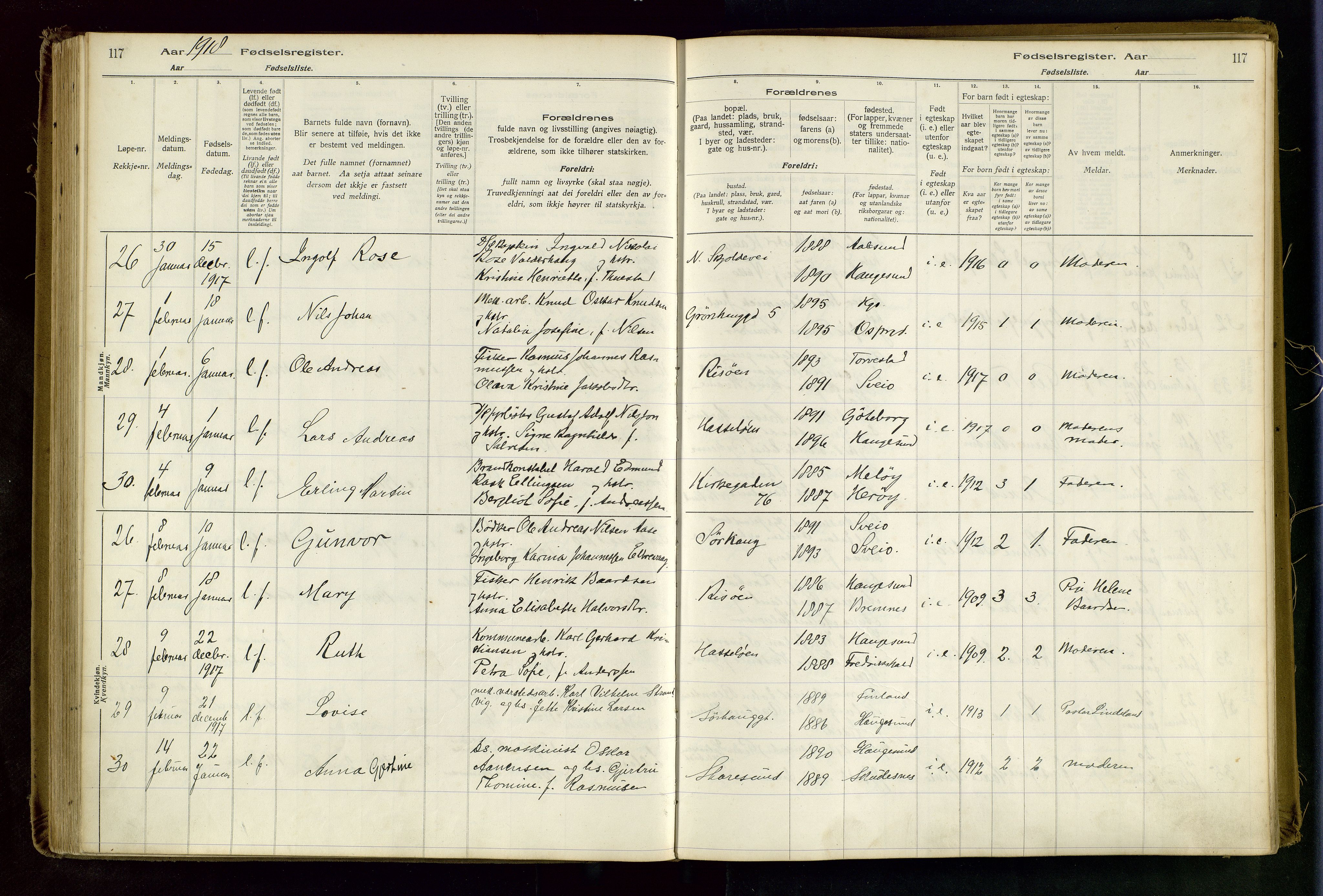 Haugesund sokneprestkontor, AV/SAST-A -101863/I/Id/L0003: Birth register no. 1, 1916-1919, p. 117