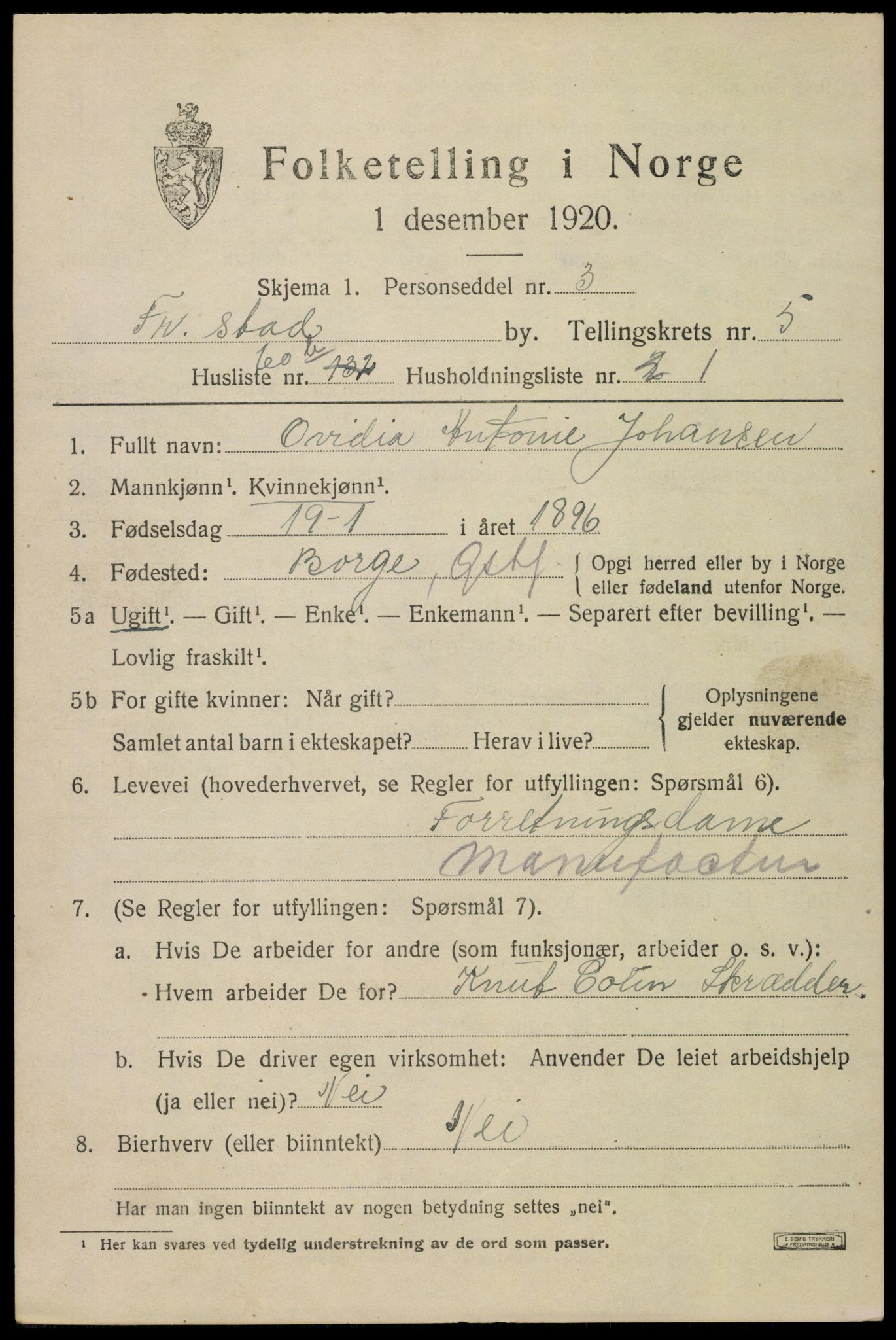 SAO, 1920 census for Fredrikstad, 1920, p. 19623