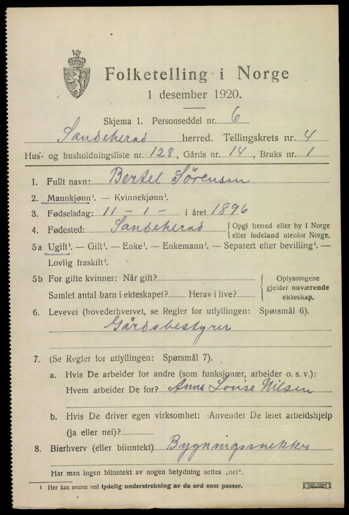 SAKO, 1920 census for Sandeherred, 1920, p. 8042