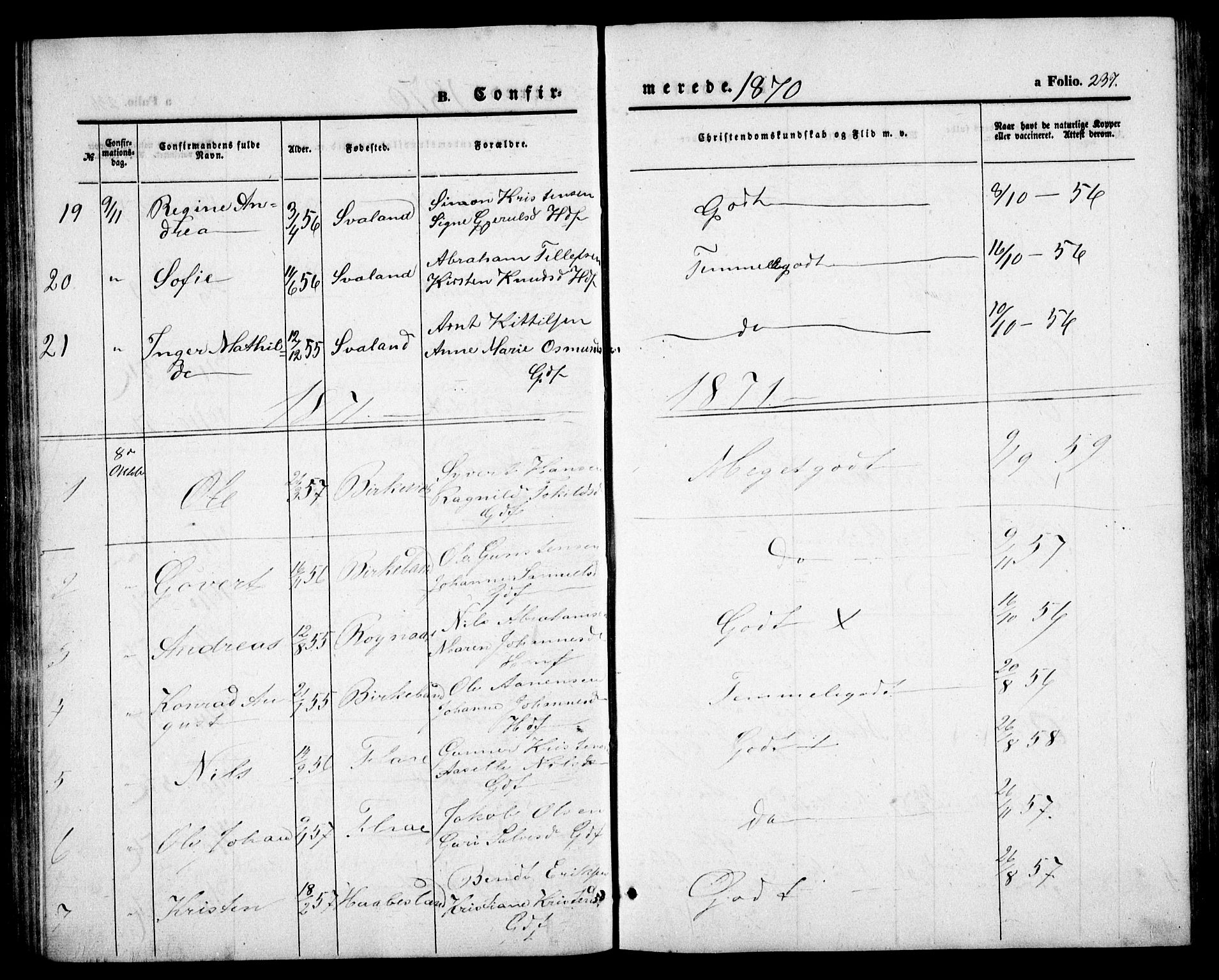 Birkenes sokneprestkontor, SAK/1111-0004/F/Fb/L0002: Parish register (copy) no. B 2, 1849-1876, p. 237