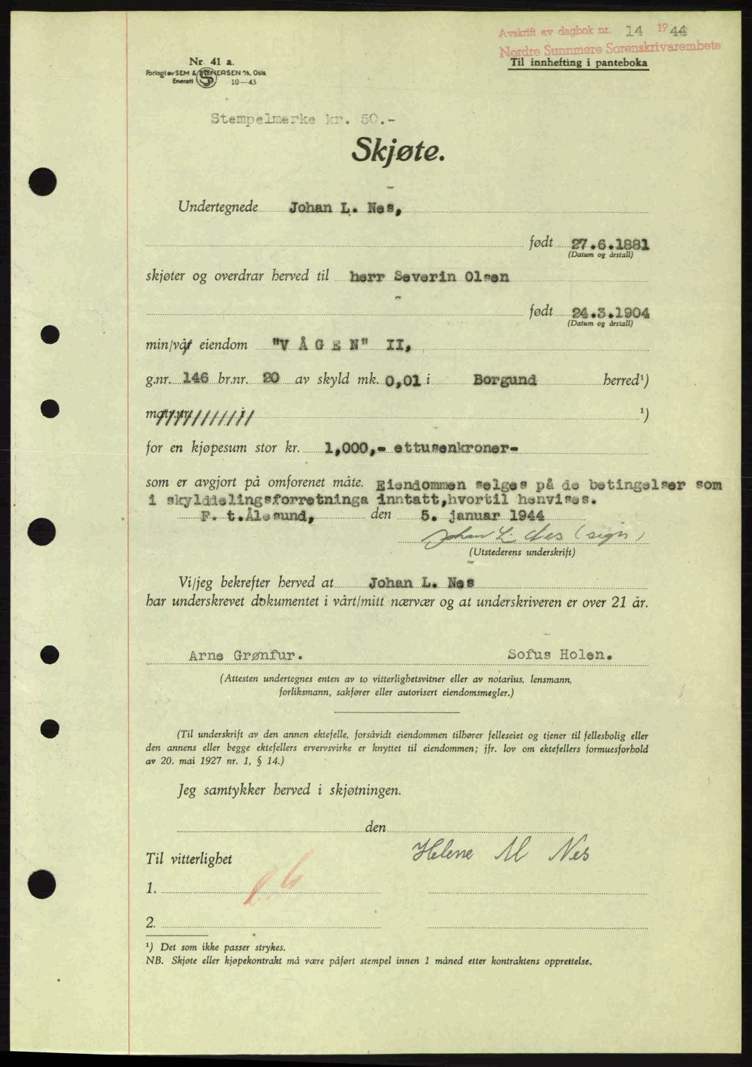 Nordre Sunnmøre sorenskriveri, AV/SAT-A-0006/1/2/2C/2Ca: Mortgage book no. A17, 1943-1944, Diary no: : 14/1944