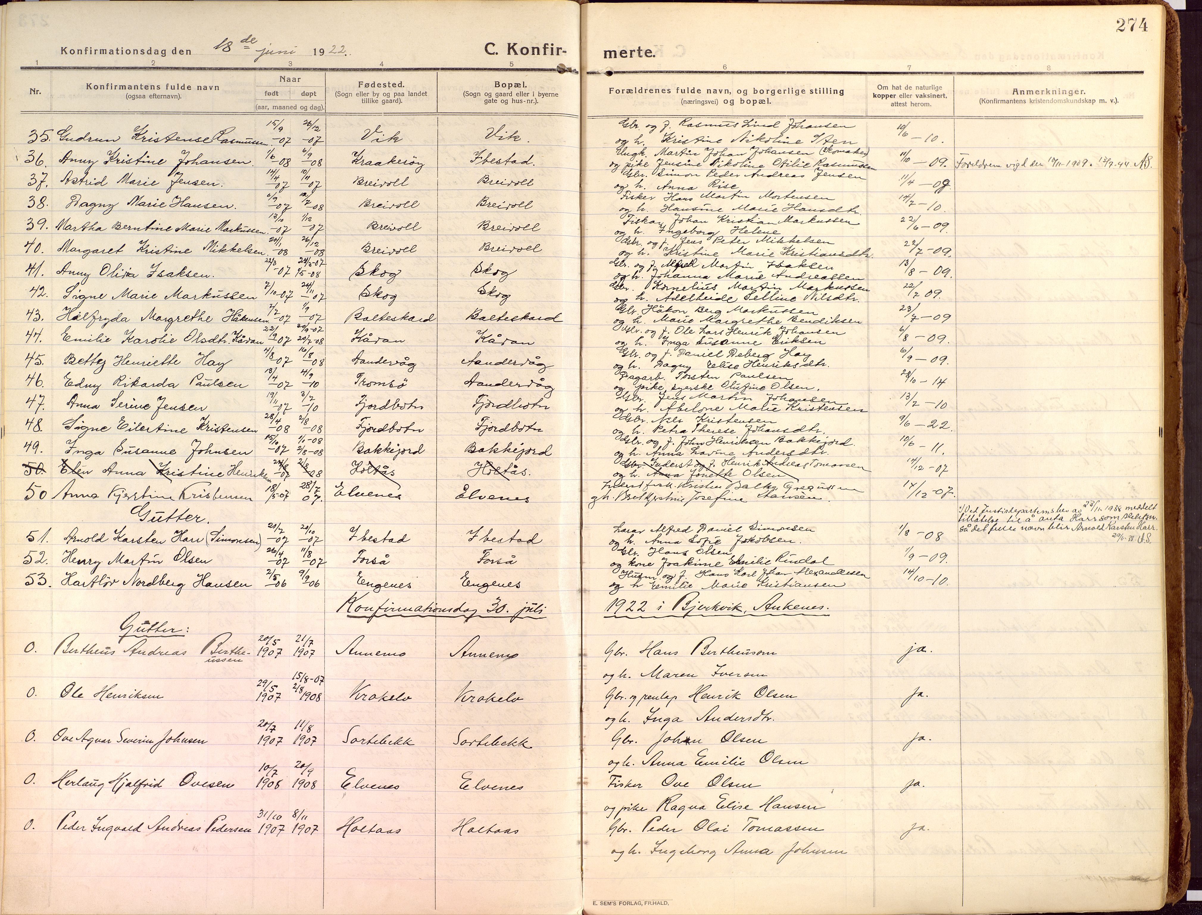 Ibestad sokneprestembete, SATØ/S-0077/H/Ha/Haa/L0018kirke: Parish register (official) no. 18, 1915-1929, p. 274
